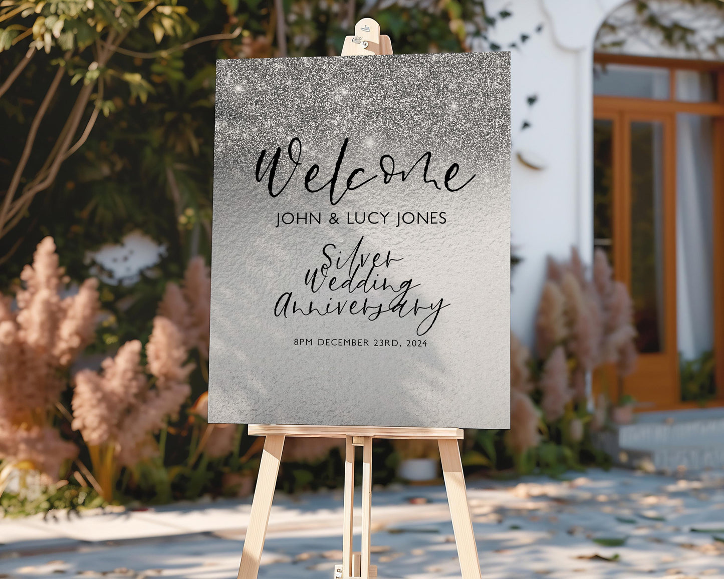25th Anniversary Welcome Sign: Silver Wedding Theme - Editable Digital Printable, Corjl Template, Instant Download Party Decor
