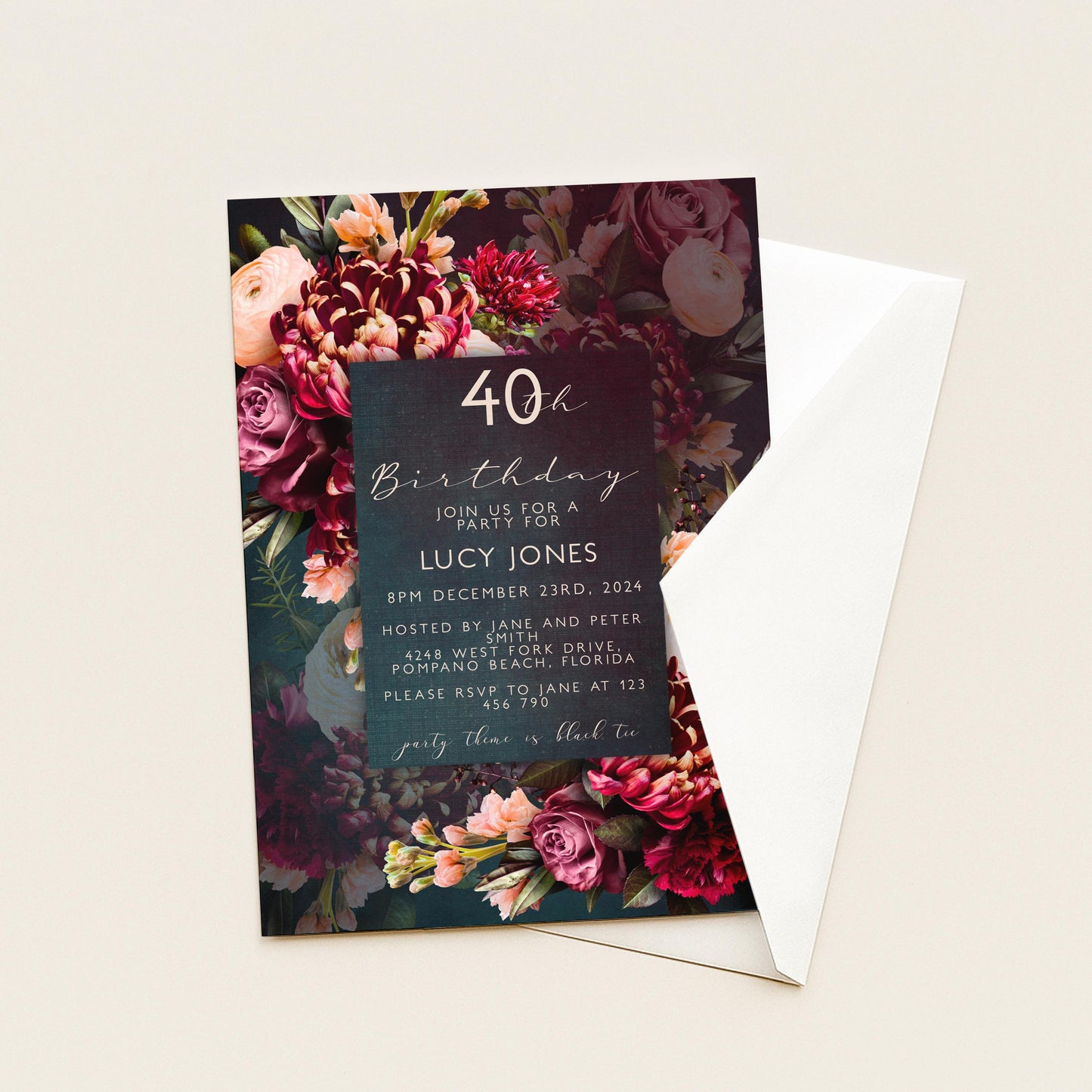 The image is a birthday invitation for a 40th celebration, featuring a floral design with various colors and flowers.