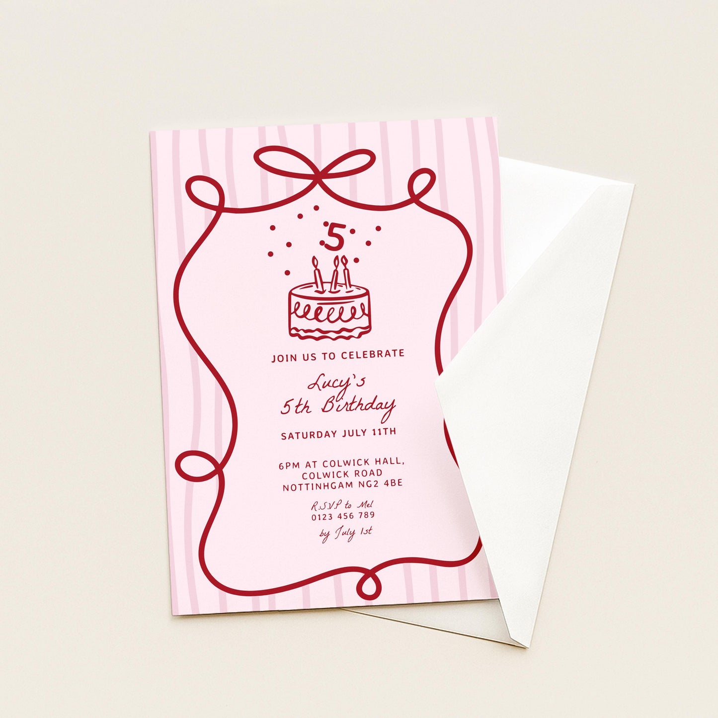 5th Birthday Invitation Template: Coquette Pink Red Hand Drawn Bow, Editable Digital Download | Printable, Girls Party Invite, 5x7 Inch