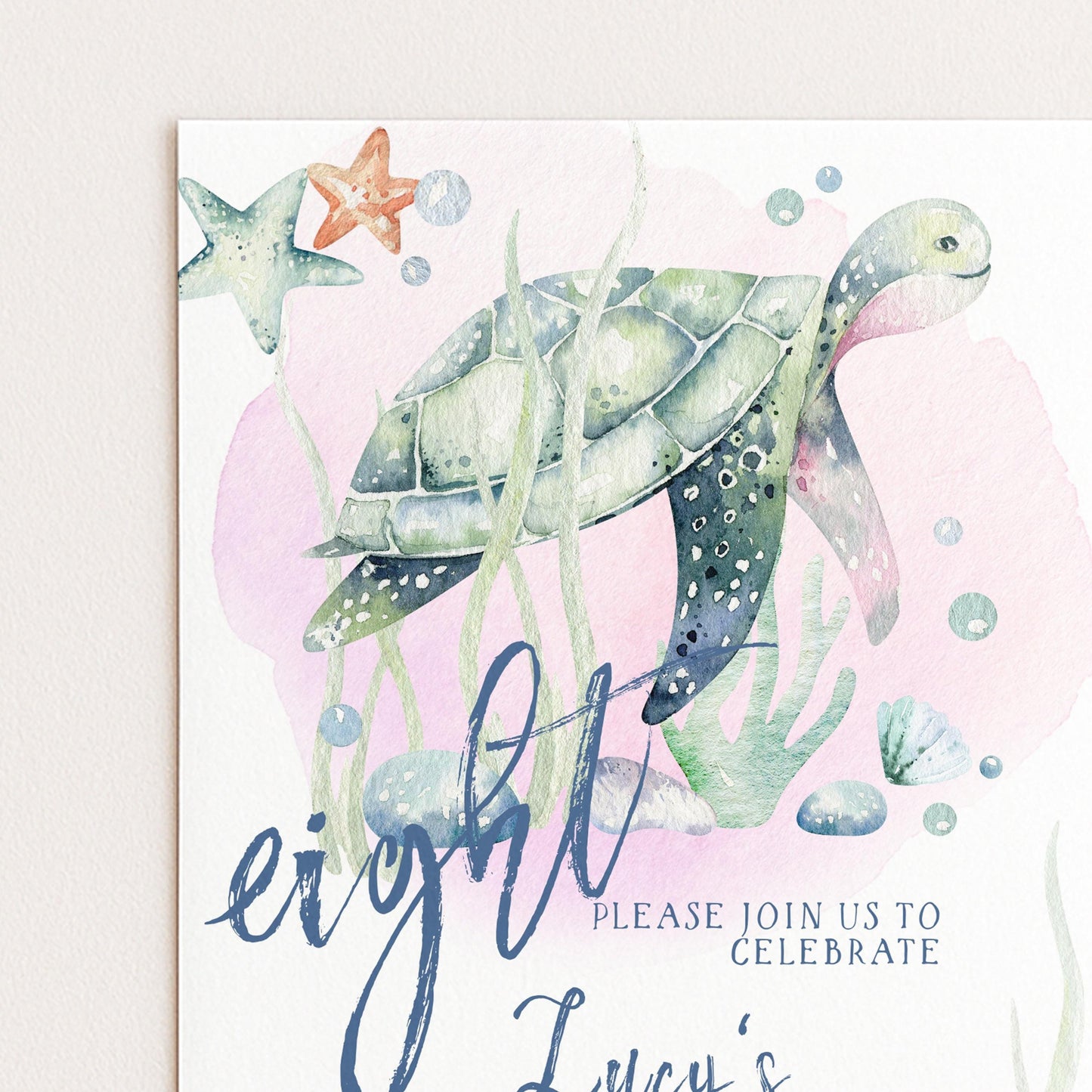 The image is a birthday invitation featuring a turtle and marine life, including a starfish and bubbles, along with the text "Please join us to celebrate" and "Lucy's birthday".