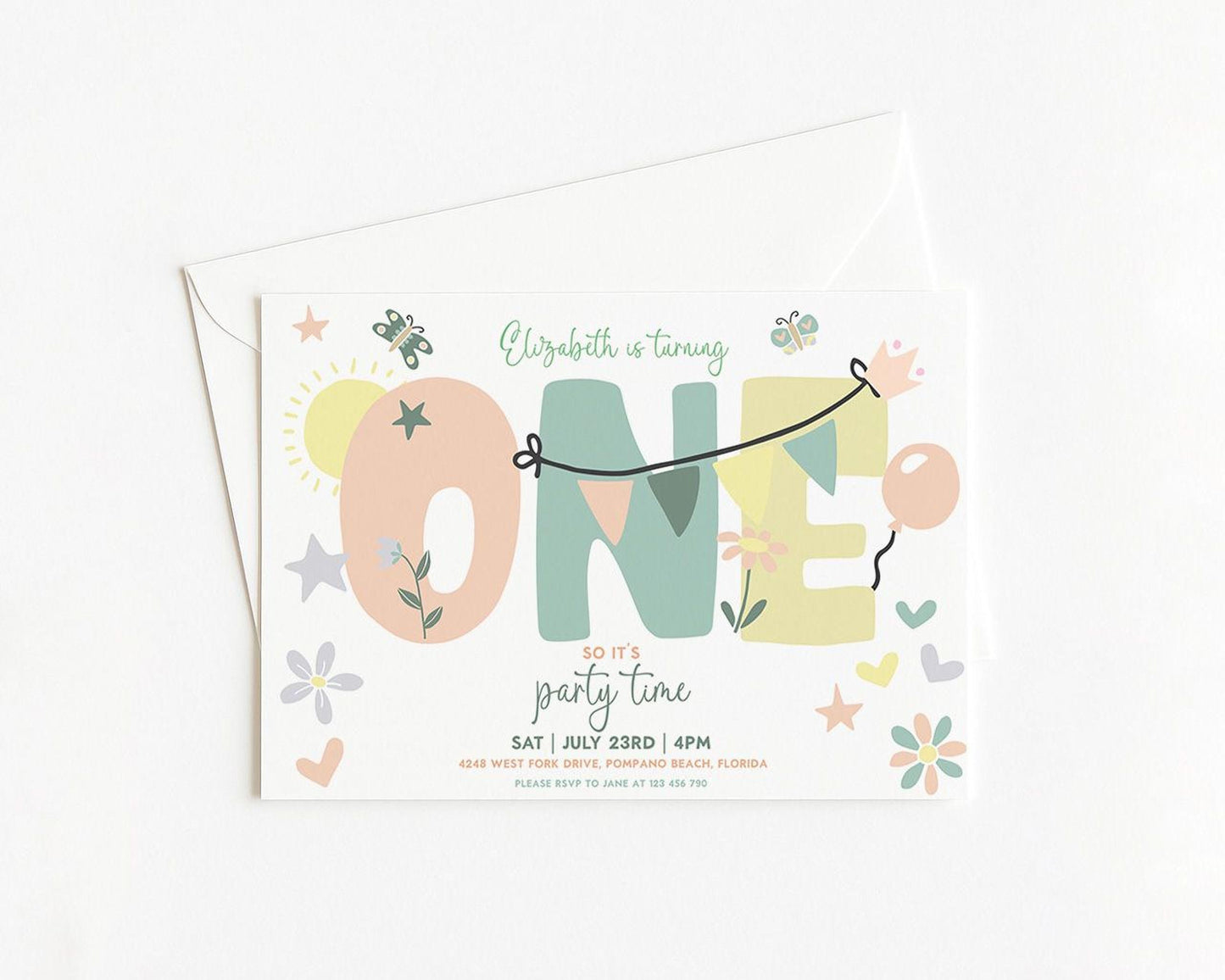 A birthday party invitation for a one-year-old named Elizabeth, featuring a colorful design with the word "ONE" and various decorative elements such as flowers, stars, and balloons.