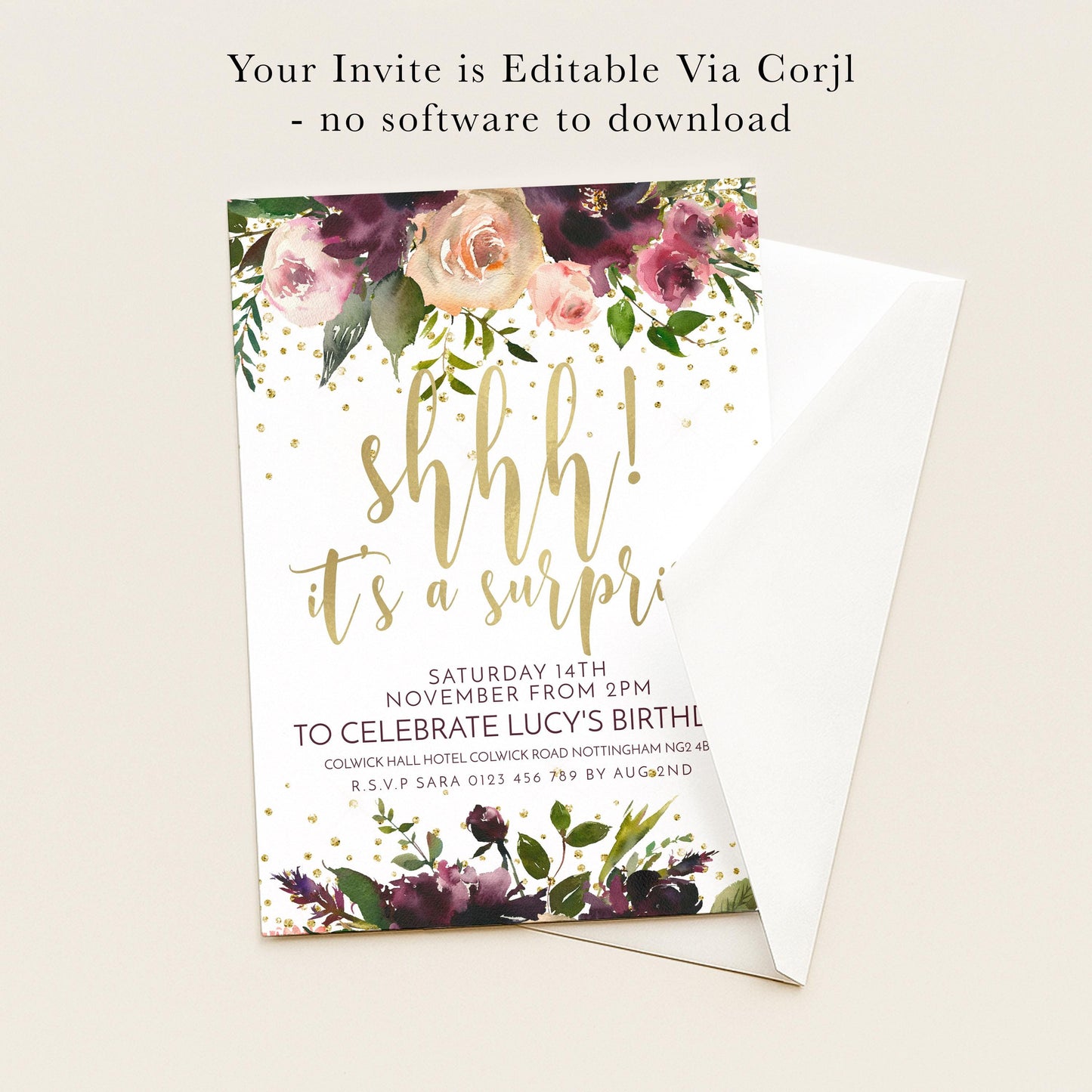 The image is a floral print invitation card with gold and purple accents, featuring the text "shh! it's a surprise" and the date and location details for a surprise birthday party.