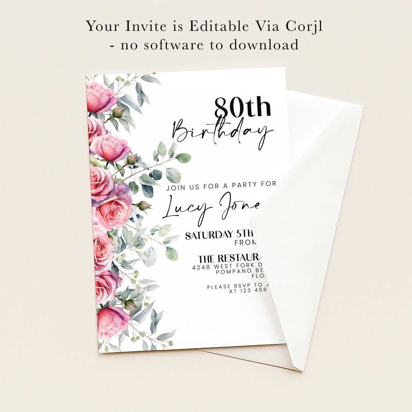 The image is a birthday invitation for a girl named Lucy Jane, celebrating her 80th birthday. The invitation is for a party at The Restaurant, located at 4248 West Fork B, located at 1240 Flo, FLO. The invitation is editable via Corjl, and there is no software to download.