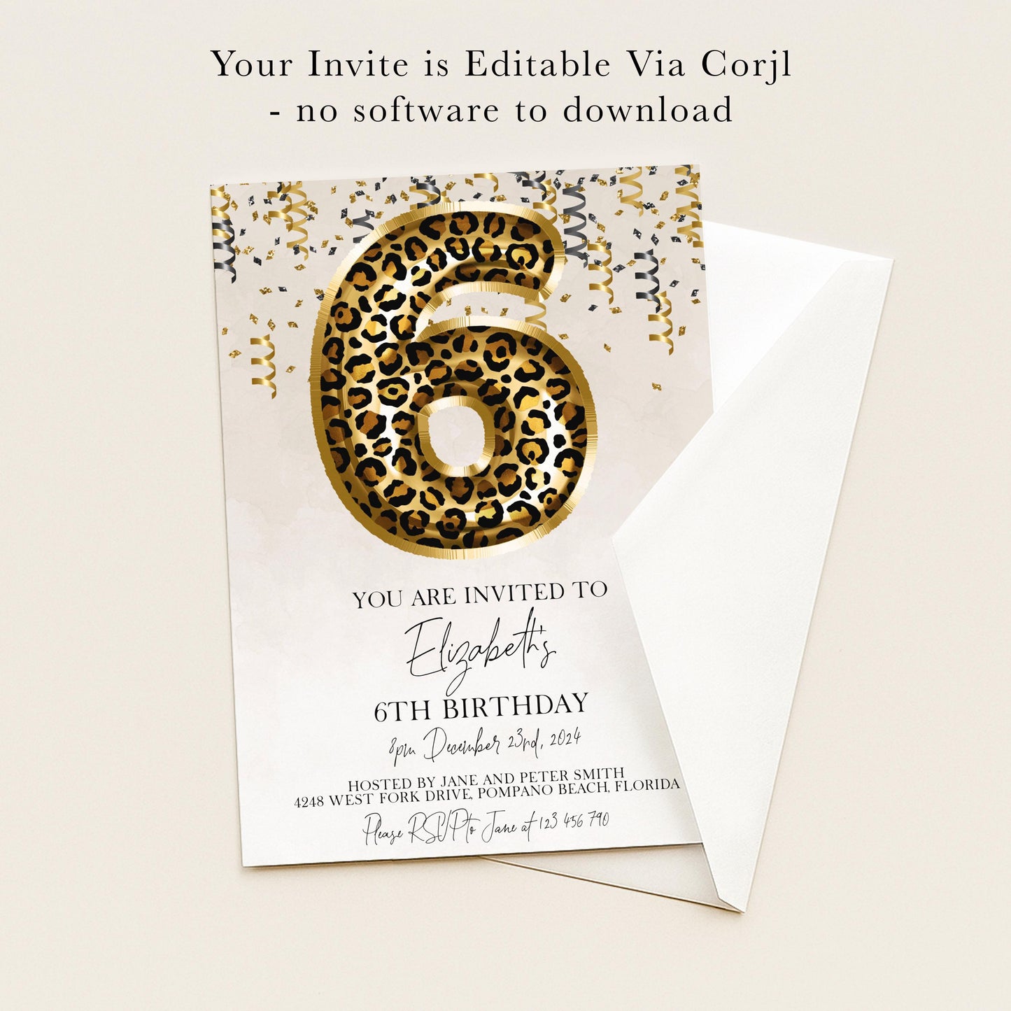 The image is a birthday invitation for a 6-year-old girl named Elizabeth. The invitation is for her 6th birthday party, which will be held on December 23rd, 2023, at 424 West Fork Drive, Tampa, Florida. The hosts are Jane and Peter Smith, and the event will take place on January 12th, 2023, at their home. The invitation does not contain any text about the party itself, but rather focuses on the event and the hosts.
