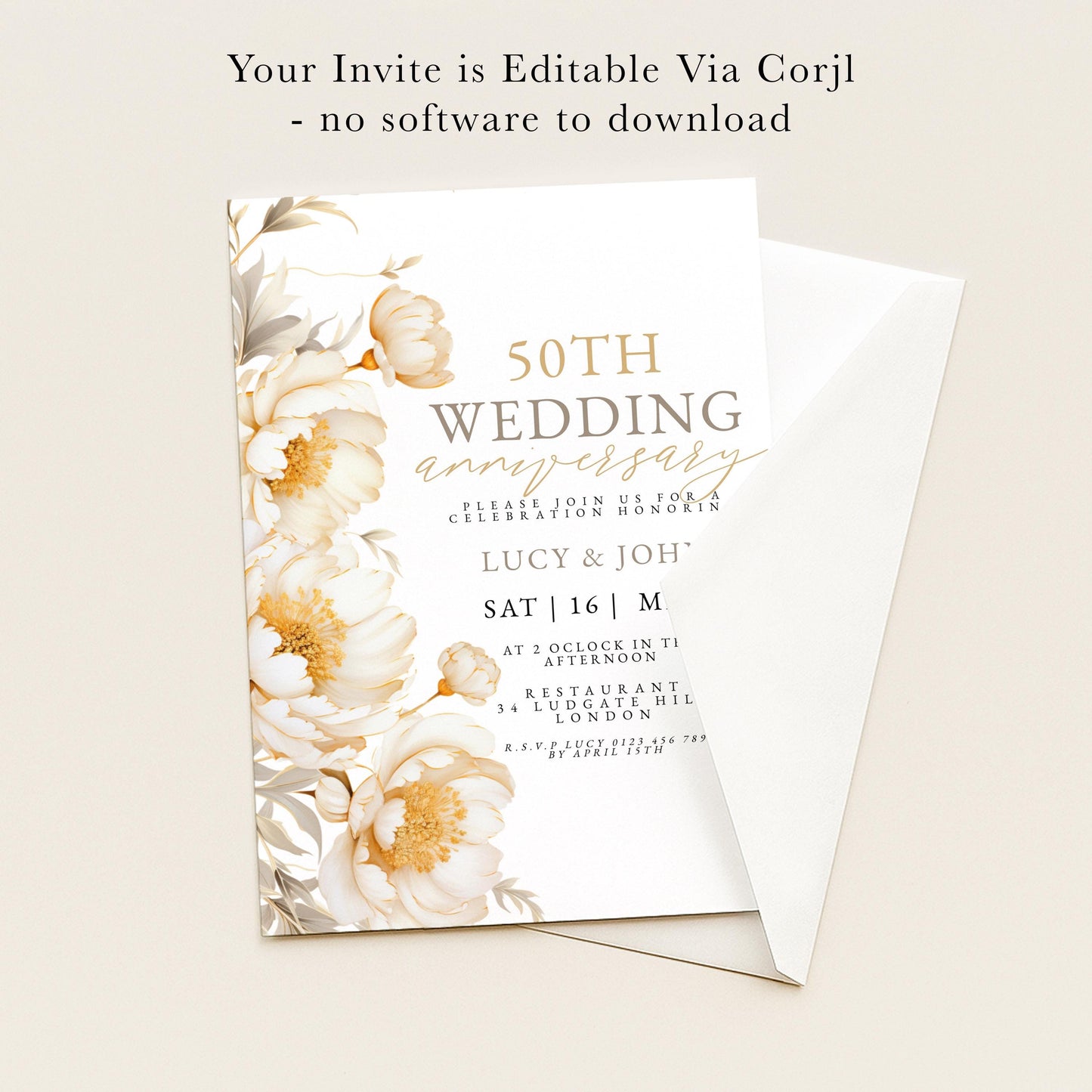 The image is a 50th wedding anniversary invitation featuring a floral design with white and gold flowers.
