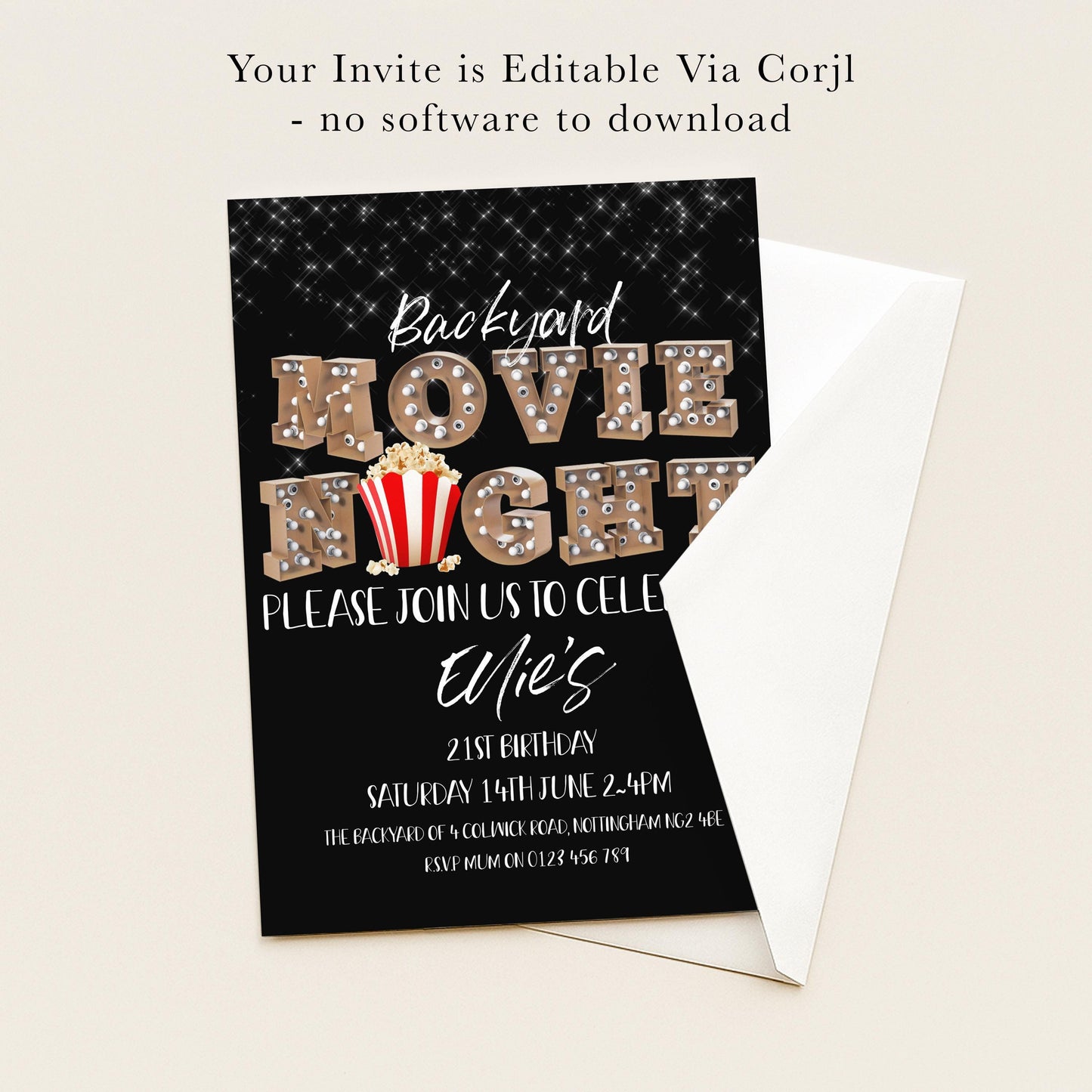 The image is a birthday invitation for a movie night, with a black background and white text.