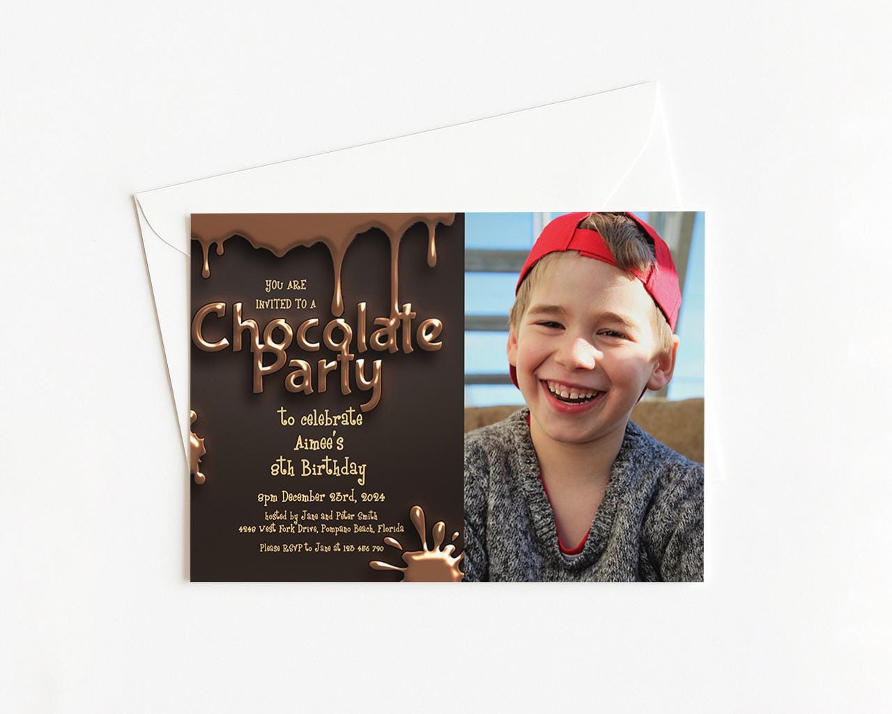 The image is a birthday invitation for a chocolate party, featuring a smiling young boy wearing a red hat.