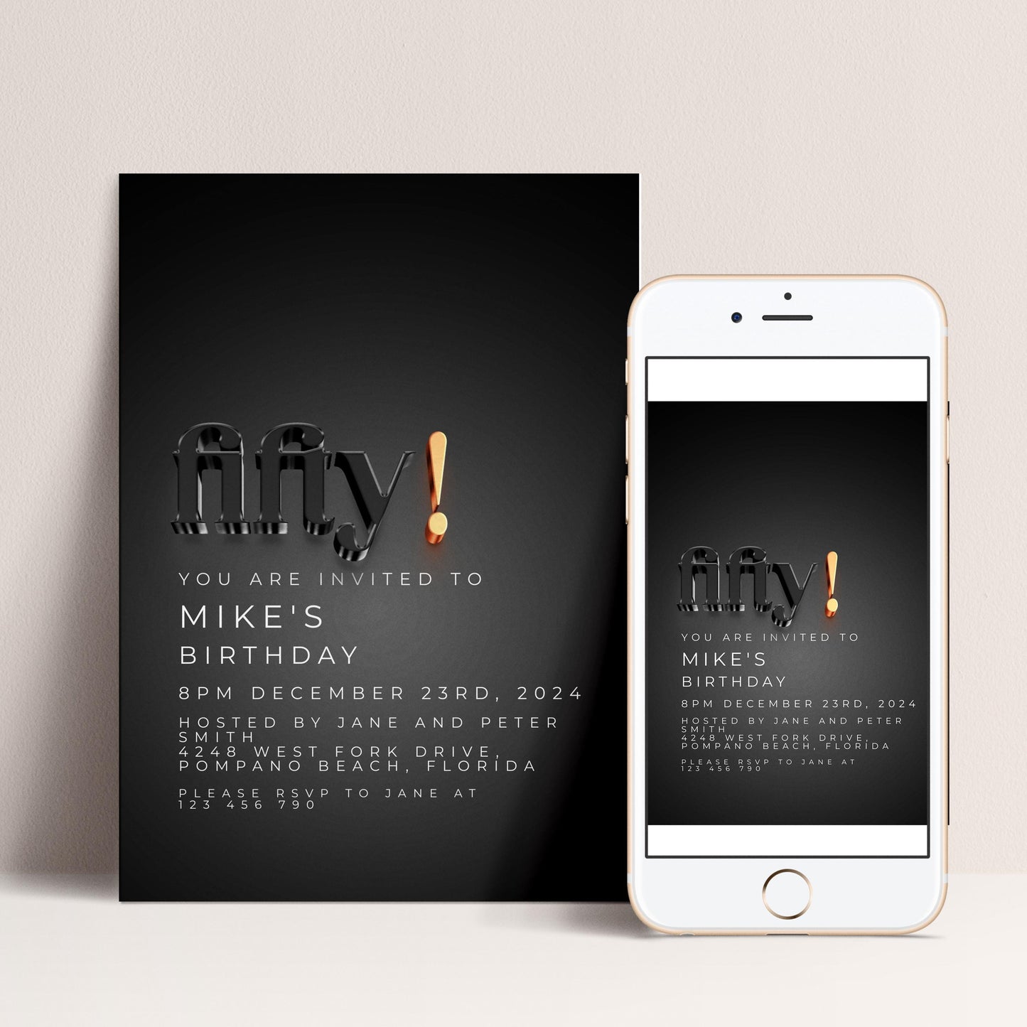 The image is a birthday invitation for Mike's birthday party, which is scheduled for December 23rd, 2014 at 8PM. The invitation is for a party at the host's house, Smith, West Fork Drive, Pompano Beach, Florida. The invitation also includes a phone number for guests to contact.