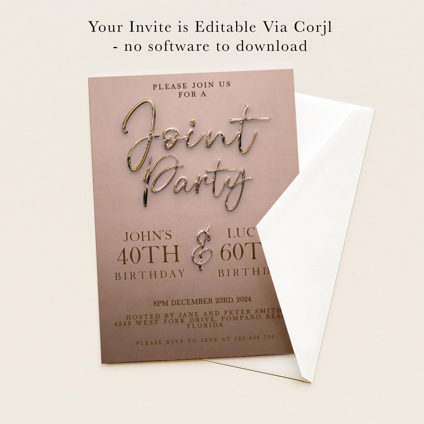The image is a birthday invitation for John and Lucinda, inviting them to a joint birthday party on December 23rd, 2004. The invitation is for a joint birthday celebration between John and Lucinda, with the party taking place at the address of West Fork for Jane and Peter Smith, located at 4248 West Fork Road, Pompano Beach, Florida. The invitation is for a party on December 23rd, 2004, at 8PM.