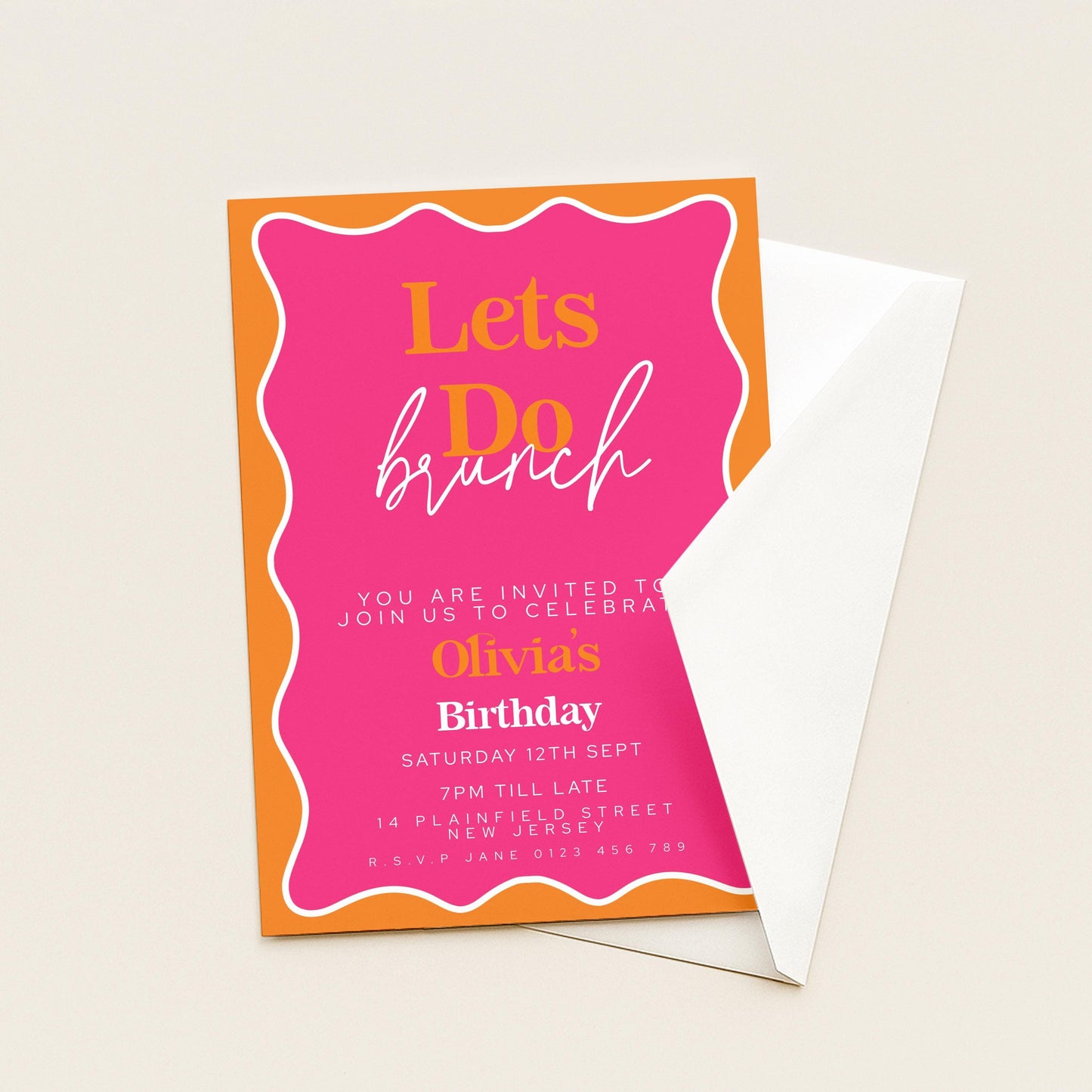 The image is a birthday invitation card with a pink and orange color scheme.