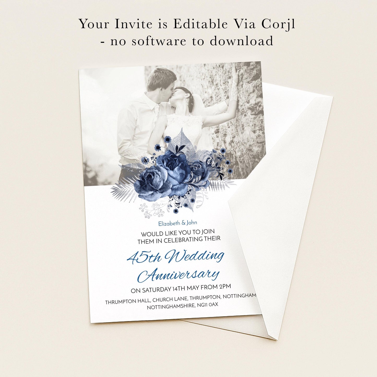 The image is a wedding invitation featuring a couple embracing in front of a floral background.
