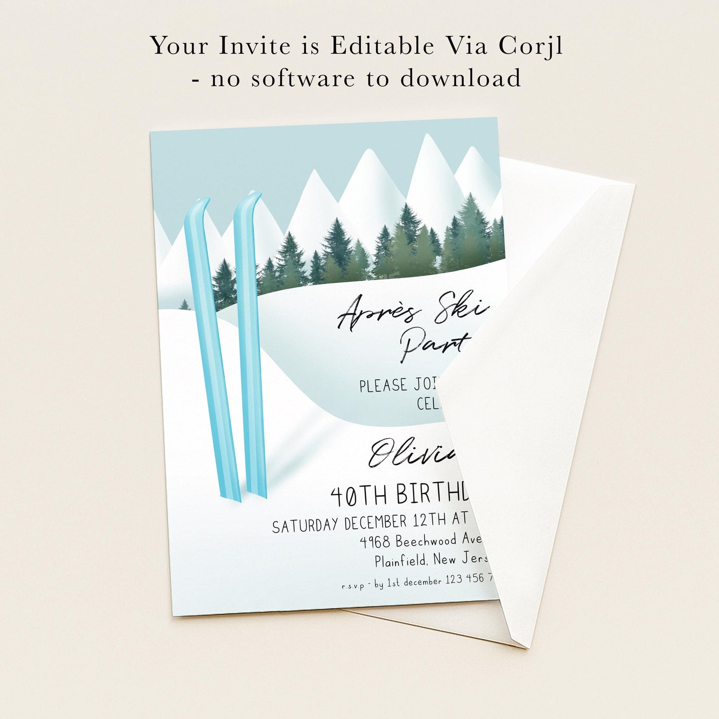 The image is a birthday invitation for a 40th celebration, featuring a snowy mountain landscape with skis and trees. The invitation is editable via a computer and does not require any software to download.
