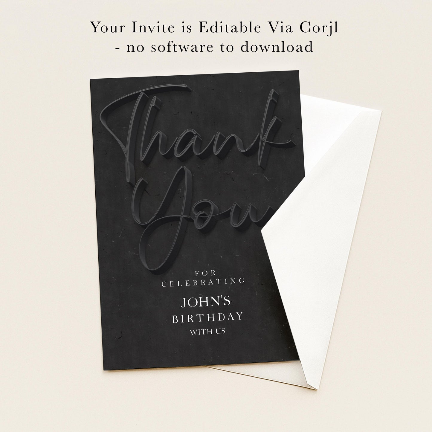 The image is a black and white photograph of a birthday card with the text "Thank You" printed on it.