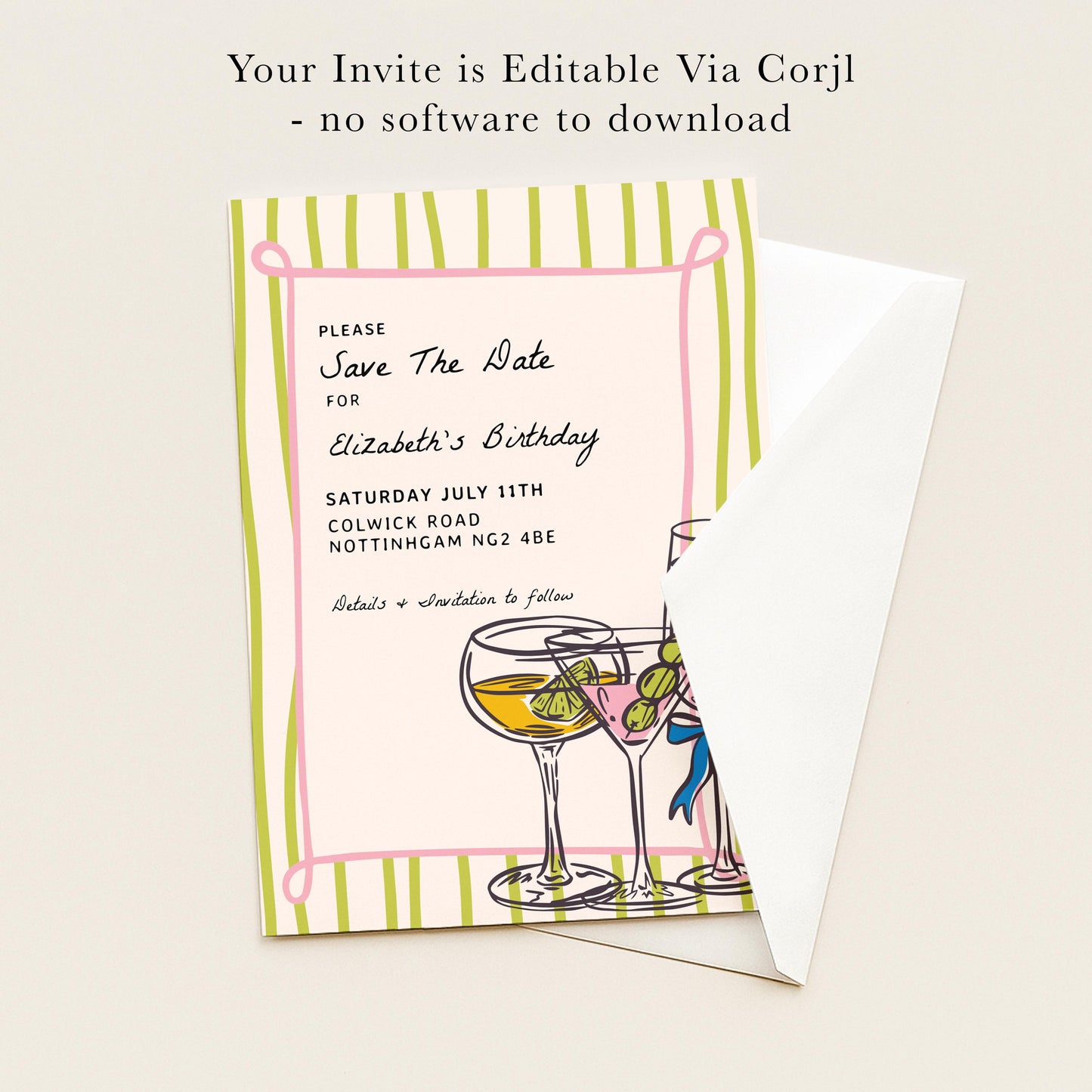 Birthday Save the Date Invitation, Cocktail Party Save the Date, Adult Birthday Party Invite, Editable Corjl Template