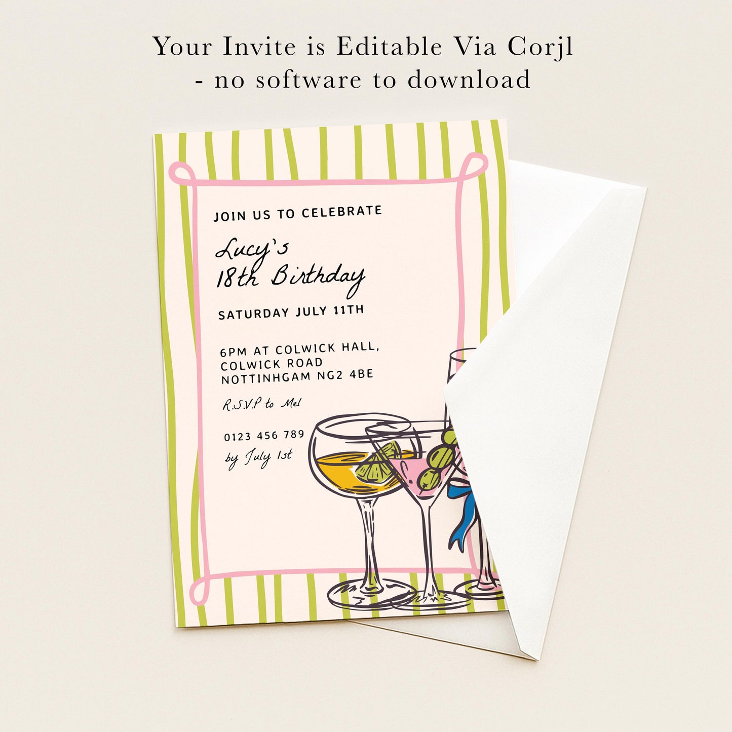 Cocktail 18th Birthday Invitation, Fun Drinks Party Invite, Colourful Adult Birthday Invitation, Editable Birthday Invite, Corjl