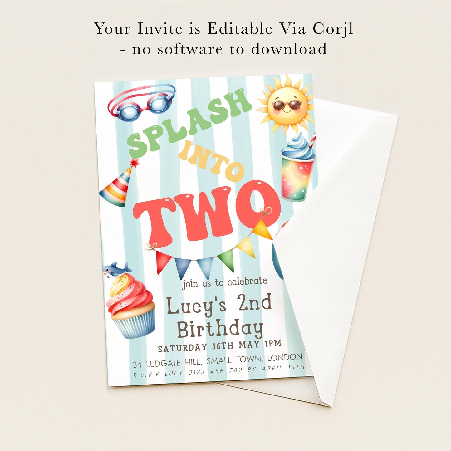 The image is a birthday invitation for a child's second birthday, featuring colorful illustrations and text.