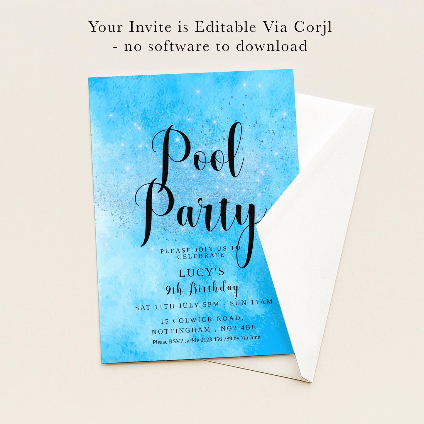 The image is a blue invitation card for a pool party, inviting guests to celebrate Lucy's 9th birthday.