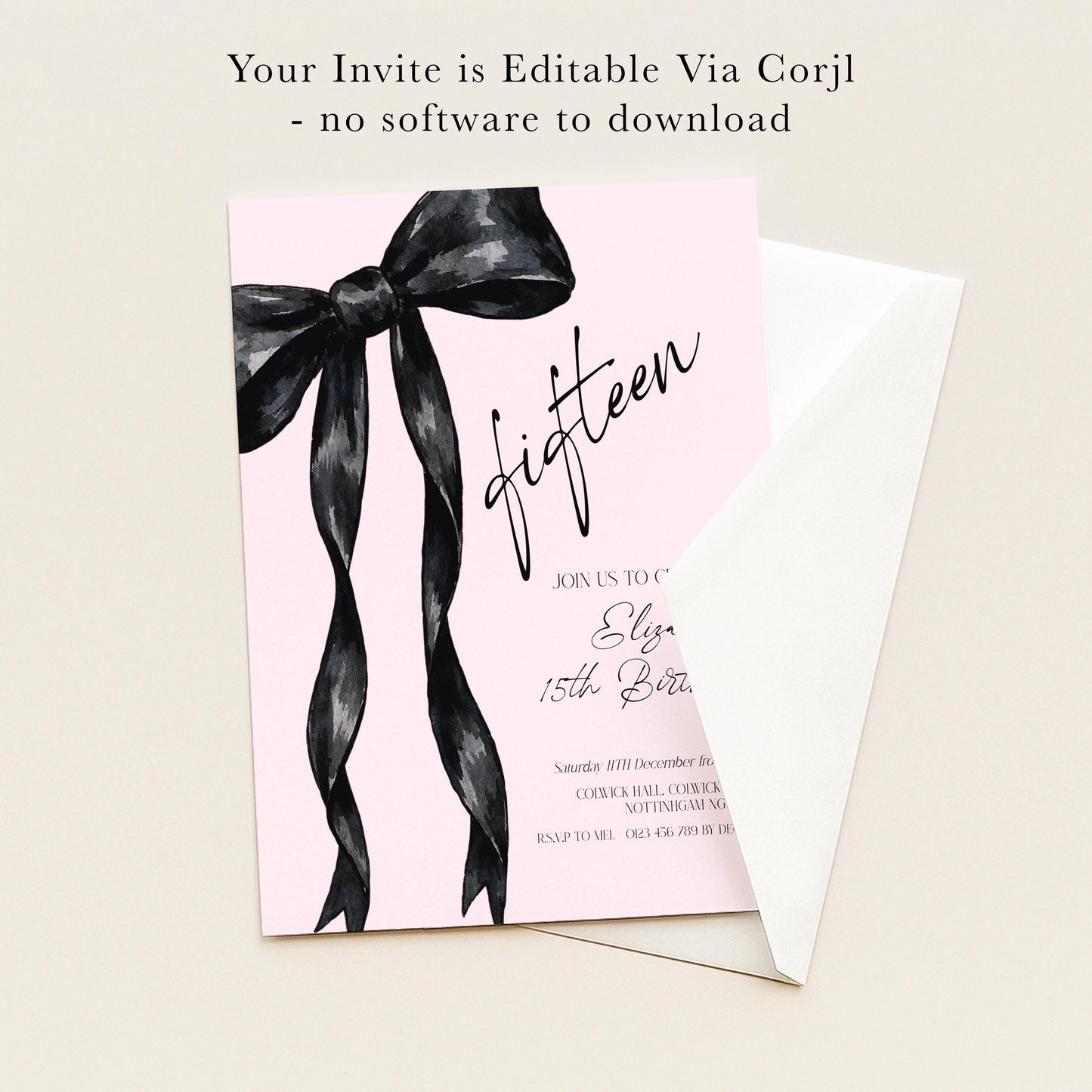 The image is a pink invitation card with a black ribbon design, inviting guests to a 15th birthday celebration.