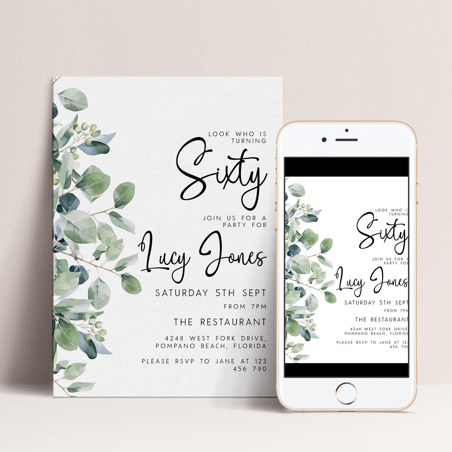 a birthday party invitation for a woman named Lucy Jones, who is turning 60. The invitation features a green leaf design and includes details about the party, such as the date, time, location, and RSVP instructions.