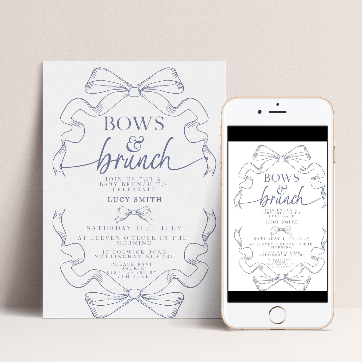 a wedding invitation and a smartphone displaying the same invitation.