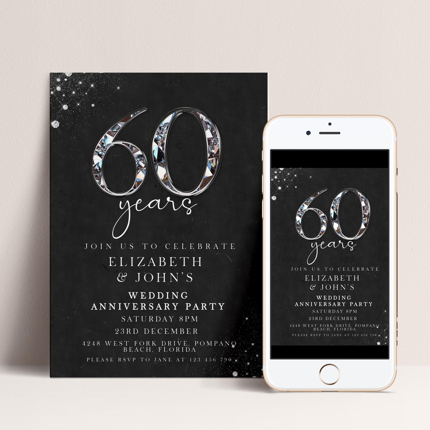 The image is a black and white invitation card for a 60th anniversary party, featuring the number 60 and the names of the couple.