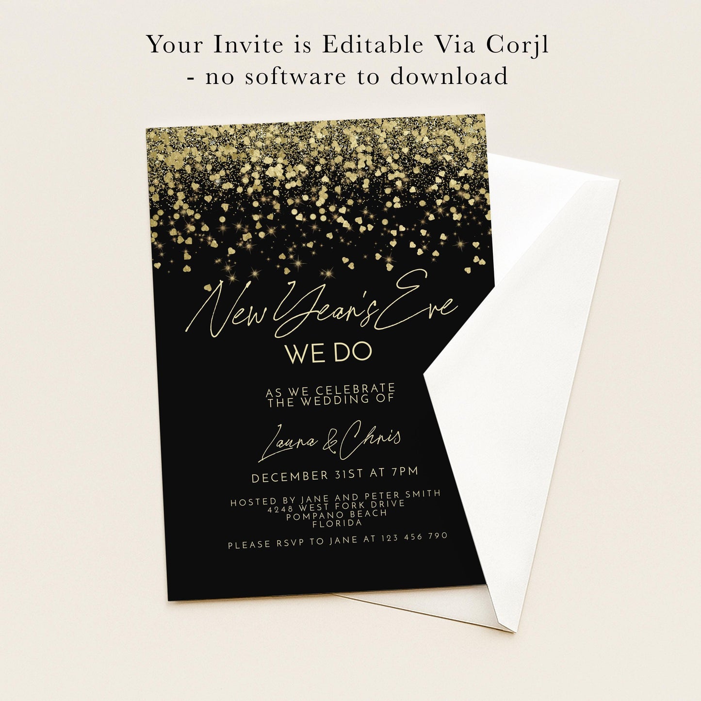 The image is a wedding invitation for the New Year's Eve celebration of the wedding of Laura and Chris. The invitation is not accompanied by any software to download and is printed on a black background with a gold glitter design.