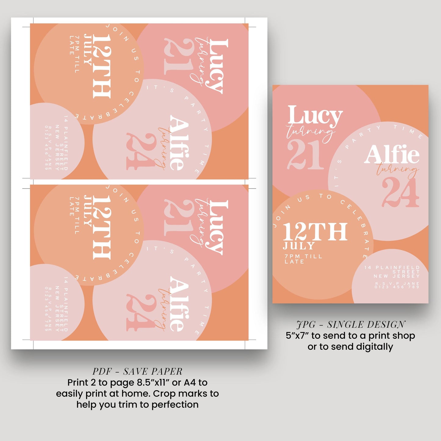 The image is a collage of three pages featuring birthday party designs for Lucy and Alfie. The designs include circles with the names of the birthday individuals and text indicating the date and time of the birthday party.