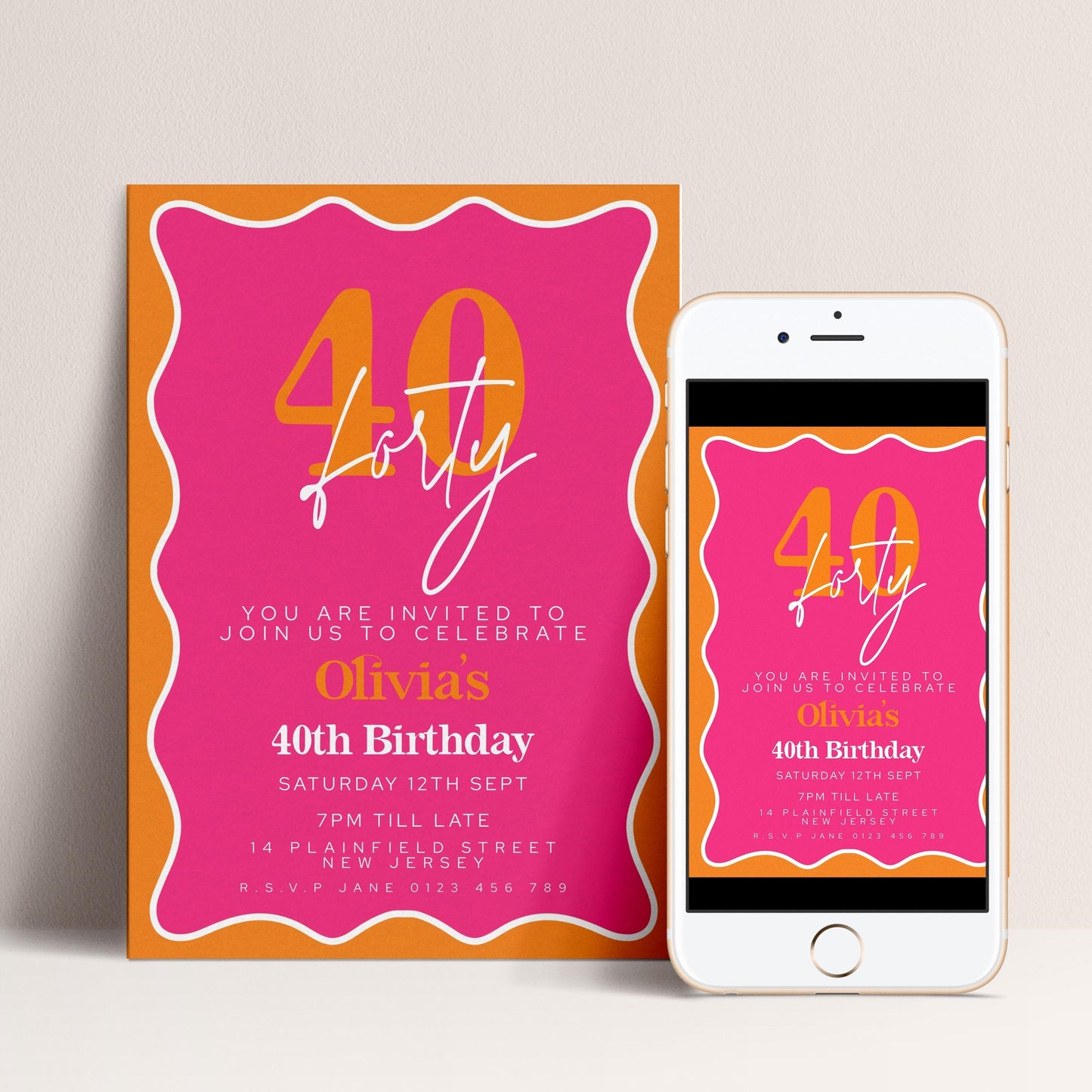 40th Birthday Invite - Editable Pink Orange Template | Instant Download