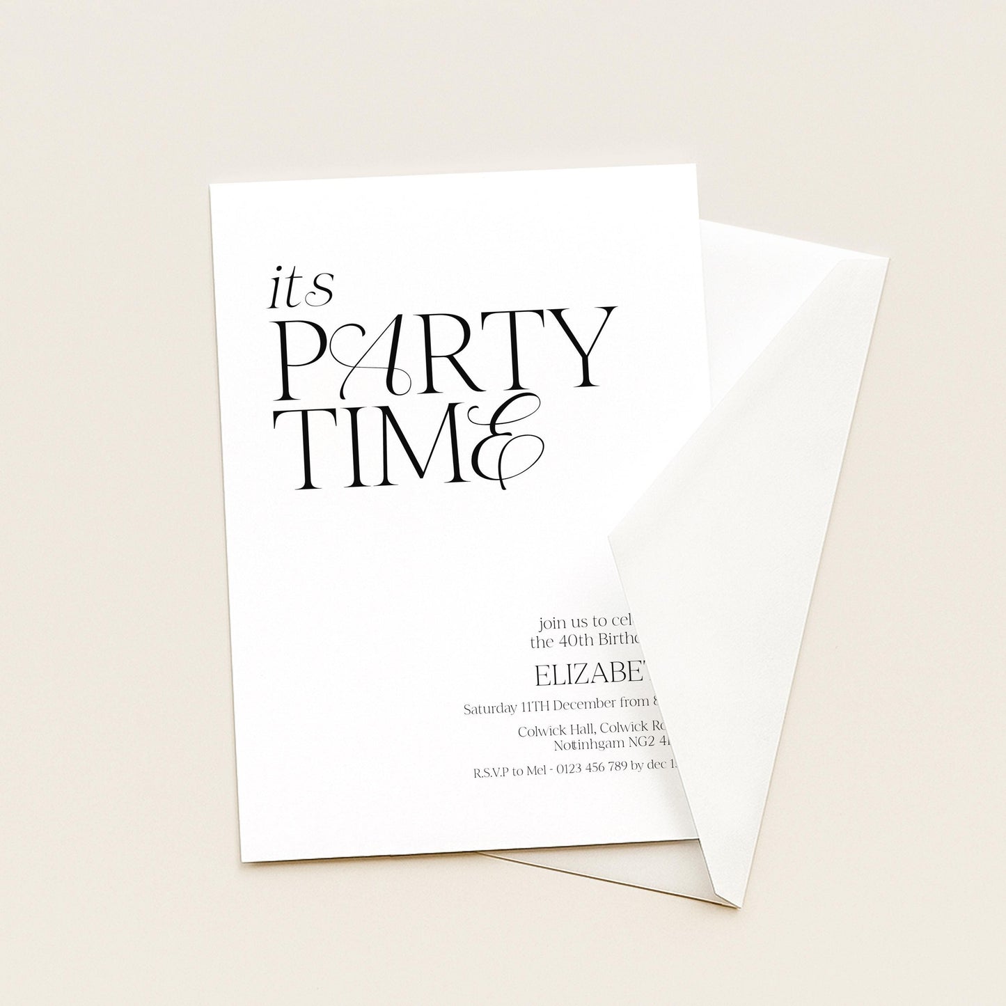 The image is a white invitation card with black text, inviting guests to a party.
