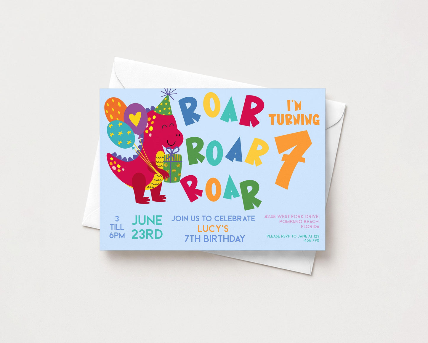 A birthday party invitation for a 7-year-old named Lucy, featuring a cartoon dinosaur character and colorful text.