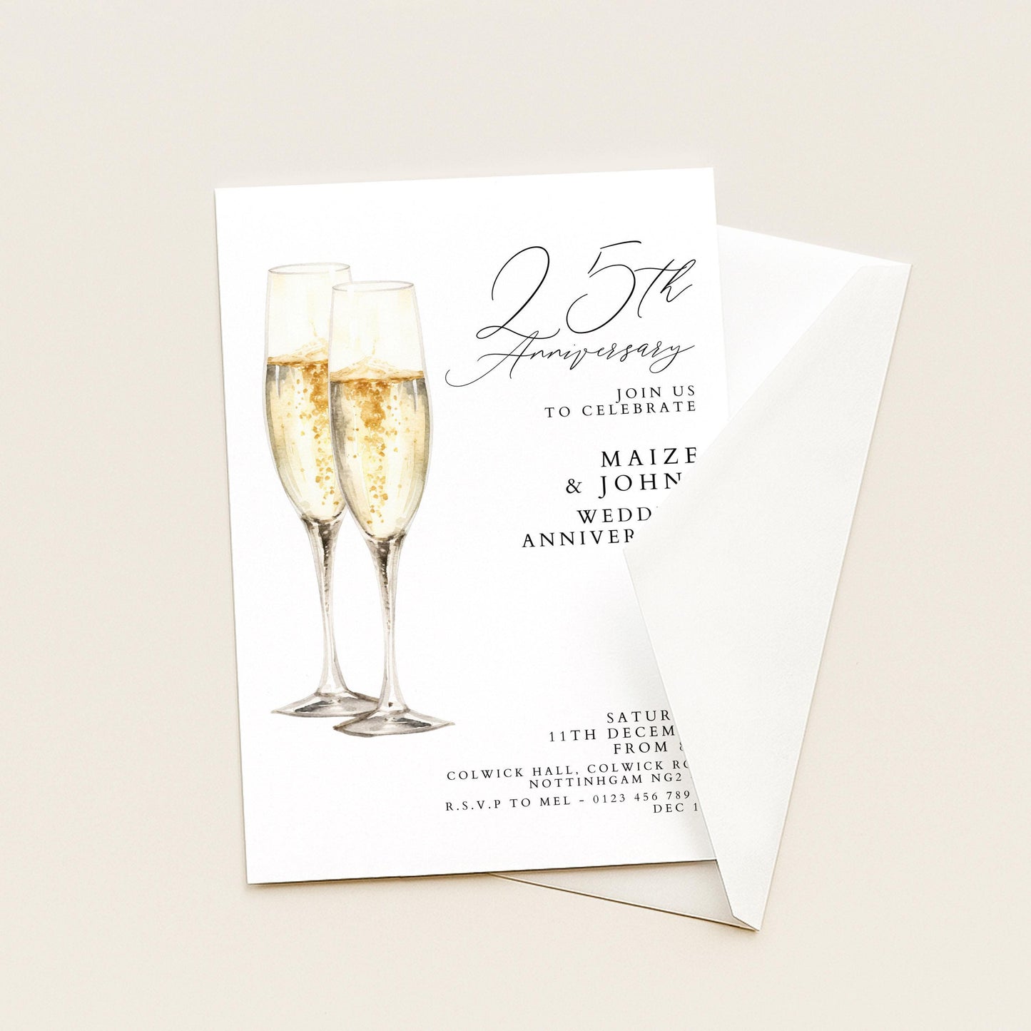 The image is a white invitation card for a 5th anniversary celebration. It features a champagne glass illustration and text inviting guests to join the couple for their wedding anniversary.