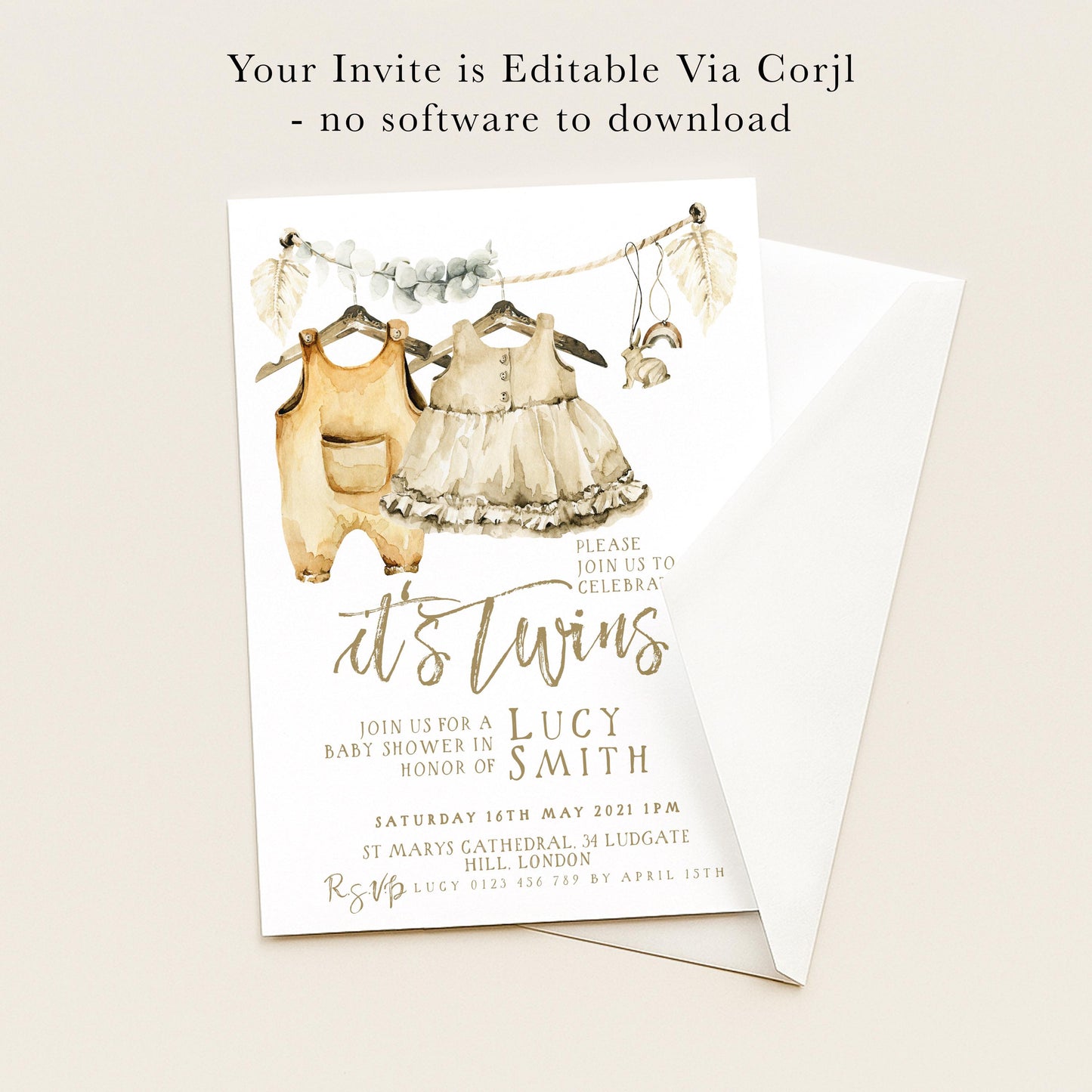 The image is a baby shower invitation for a baby shower in honor of Lucy Smith. The invitation is for a baby shower in St. Mary's Cathedral, London, on Saturday, 16th May, from 11am to 2pm, and includes a list of guests and a RSVP request.