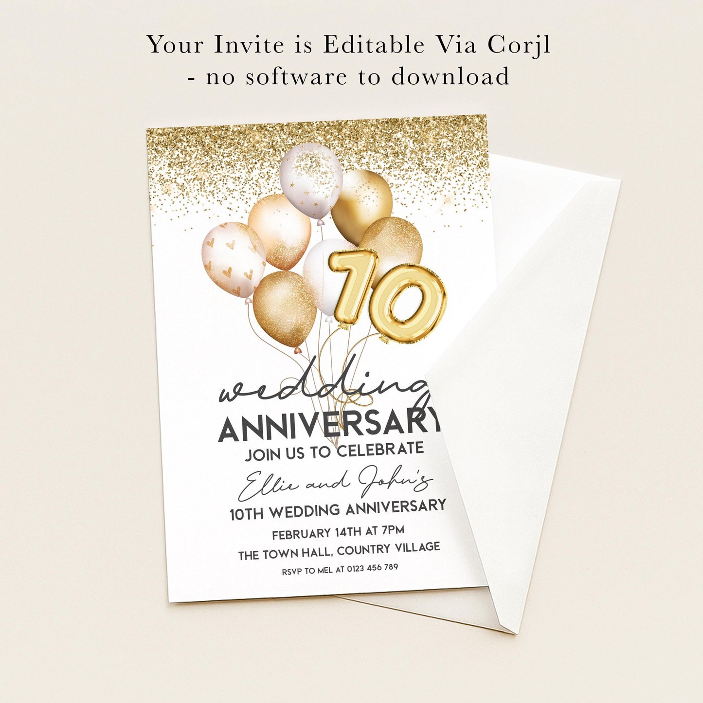 The image is a wedding anniversary invitation featuring gold balloons and the number 10, with the text "Your Invite is editable via Corjl - no software to download".
