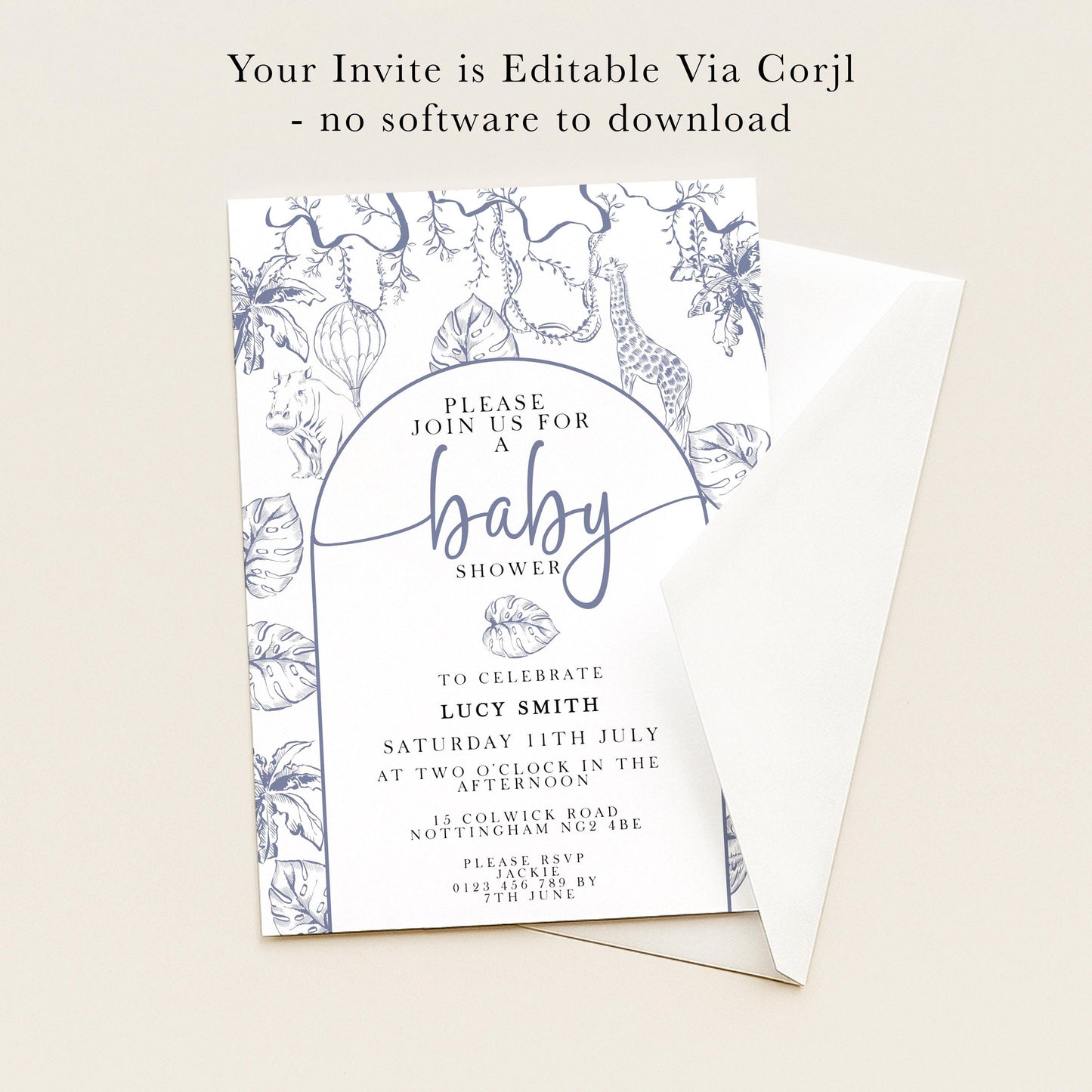 The image is a baby shower invitation featuring a blue and white floral design with illustrations of a giraffe, palm tree, and hot air balloons. The invitation invites guests to join for a baby shower celebration on Saturday, July 11th at the Afternoon at Two Oak in the afternoon.
