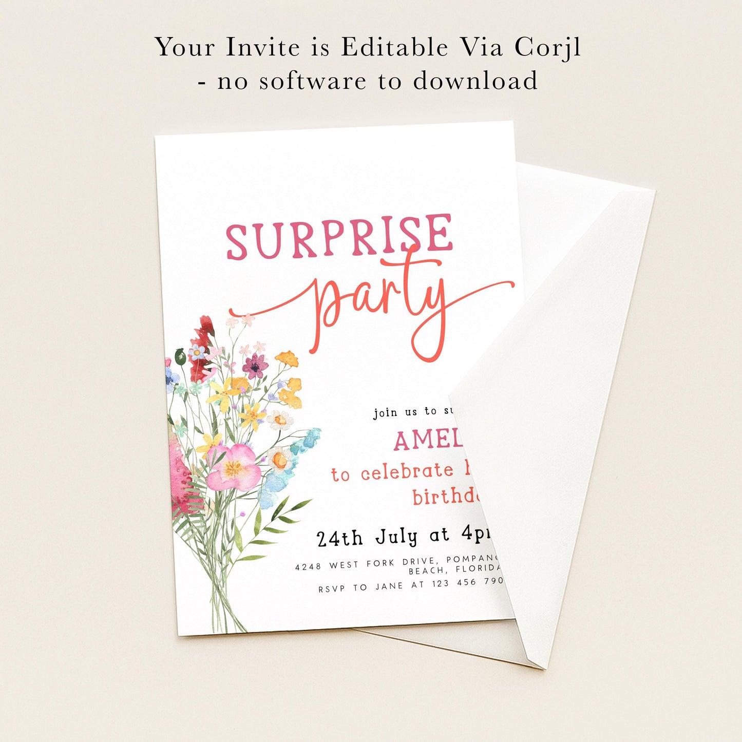 The image is a birthday party invitation for a child named AMEL, which is a surprise party. The invitation is for a 4th birthday celebration on July 24th at 4 p.m. at the Beach Drive, Pompano, Beach, Florida, RSVP to Jane at 123 456 790.