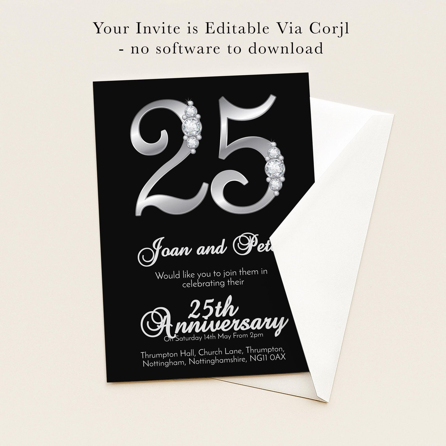 The image is a 25th anniversary invitation for Joan and Peter, which is editable via Corjl, without the need for any software to download.