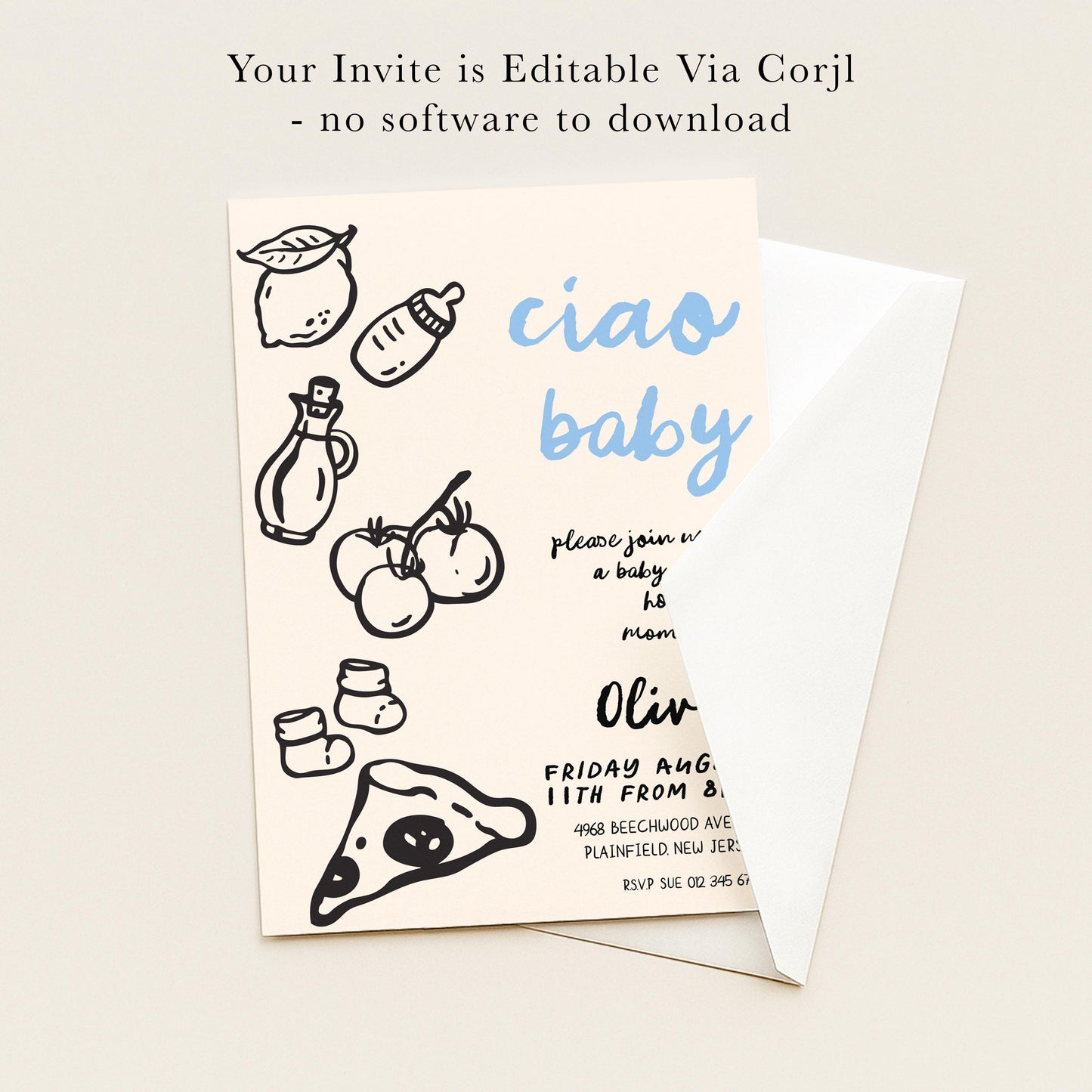 The image is a baby shower invitation featuring a pizza and various baby-related items, such as a bottle and a baby bootie.