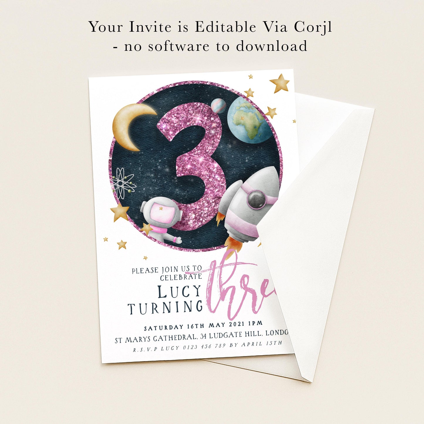 The image is a birthday invitation for a child named Lucy, celebrating her third birthday.