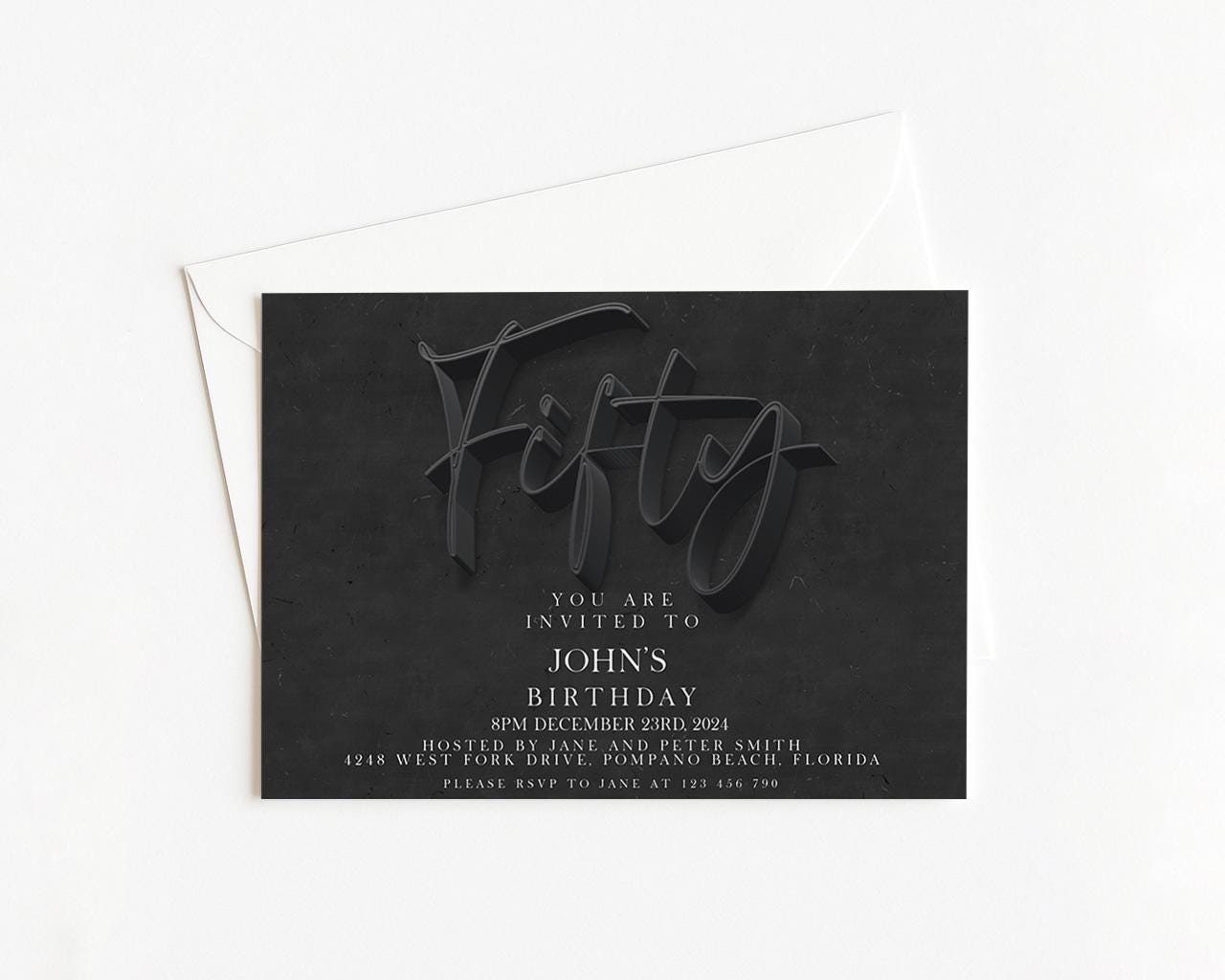 The image is a birthday invitation for John's, featuring the text "You are invited to John's Birthday" and providing details about the event, including the date, time, location, and hosts.