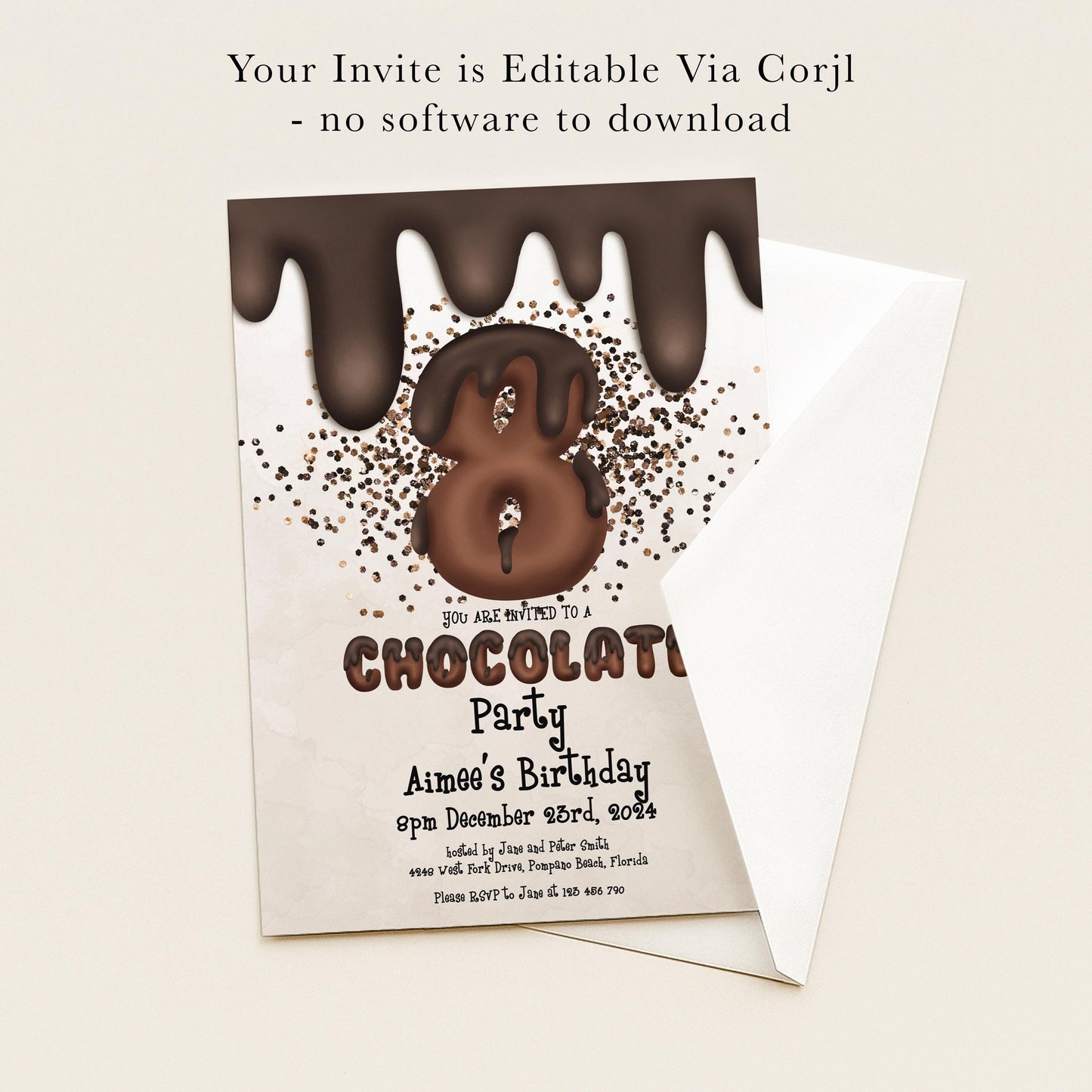 The image is a birthday party invitation for a child's 8th birthday.