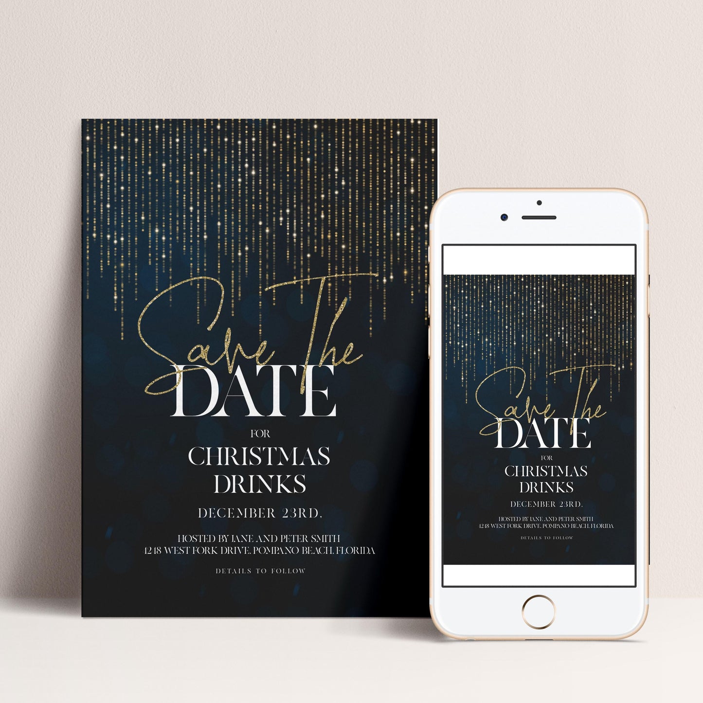 a save the date card and a smartphone screen with a similar design, both featuring a dark blue background with gold glittering lines and the text "Save the Date" prominently displayed.