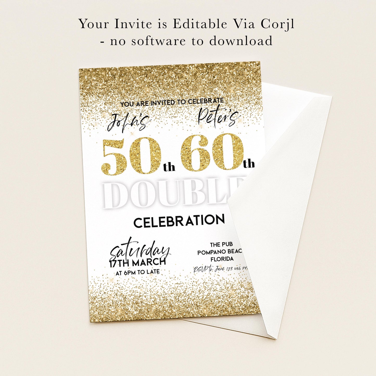 The image is a 50th birthday celebration invitation for Joas Peter, which is not a software-free event.