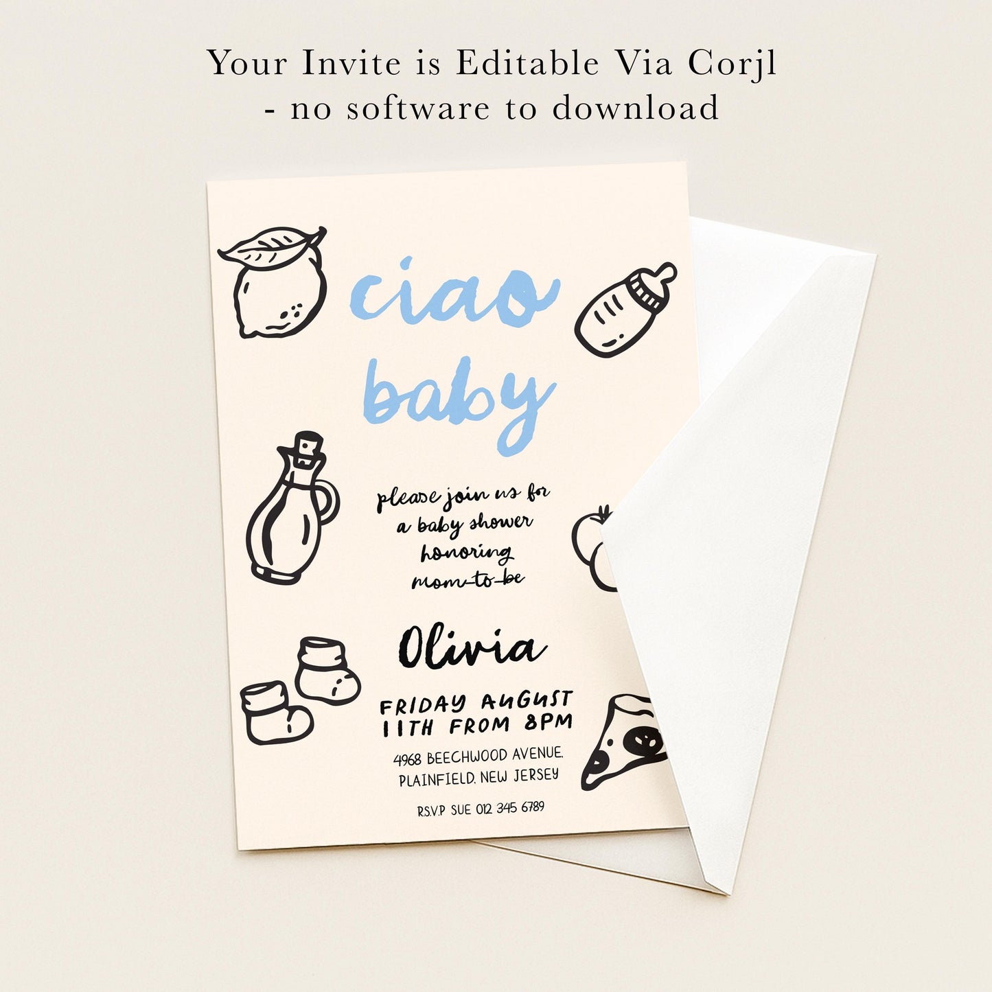 The image is a baby shower invitation for a baby named Olivia. The invitation is for a baby shower, and it is available for download.