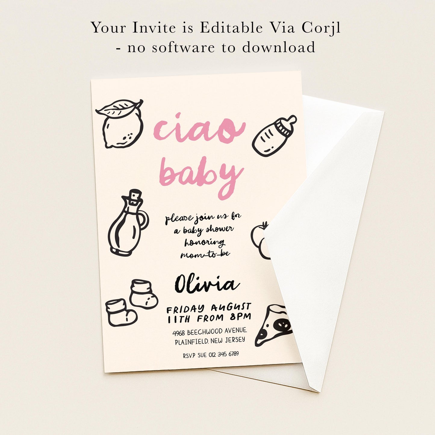 The image is a baby shower invitation for a baby named Olivia. The invitation is for a baby shower, and it is available for download.