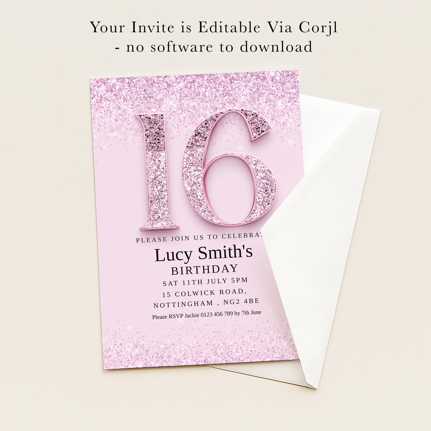 The image is a birthday invitation for a girl named Lucy Smith, celebrating her 16th birthday. The invitation is pink with a glittery design and includes details about the party, such as the date, time, location, and RSVP instructions.