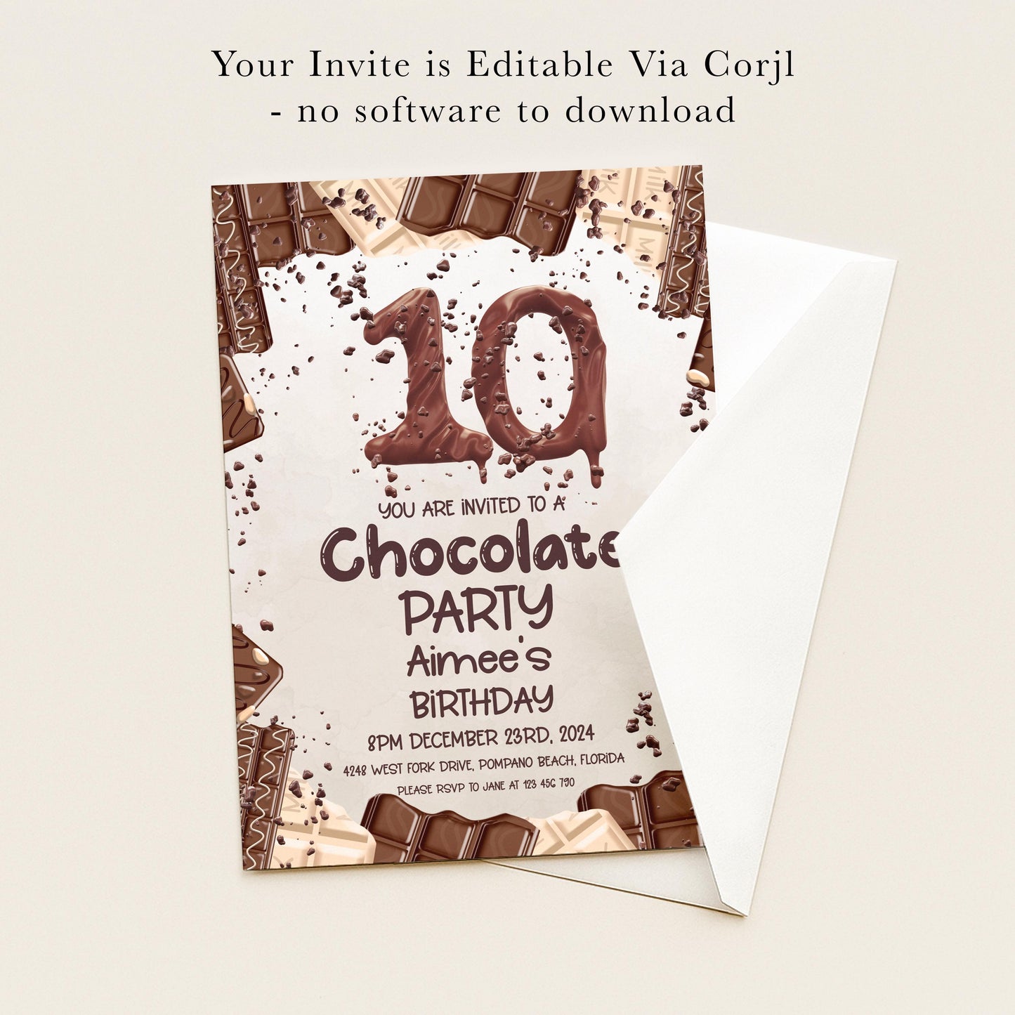 The image is a birthday party invitation for a chocolate-themed party, featuring chocolate bars and the number 10.