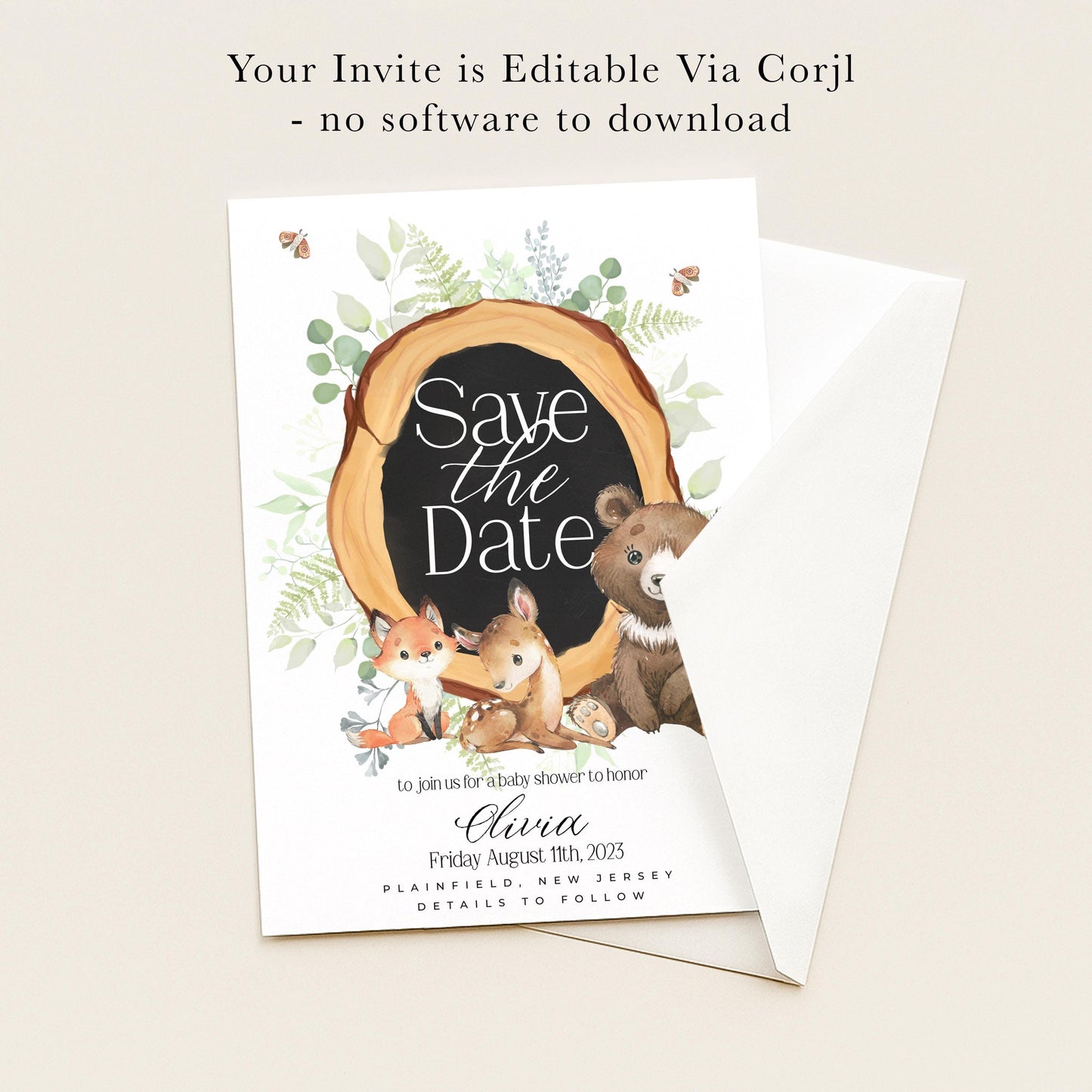 The image is a Save the Date invitation featuring a bear, a fox, and a rabbit, with a blackboard-style frame around the text.