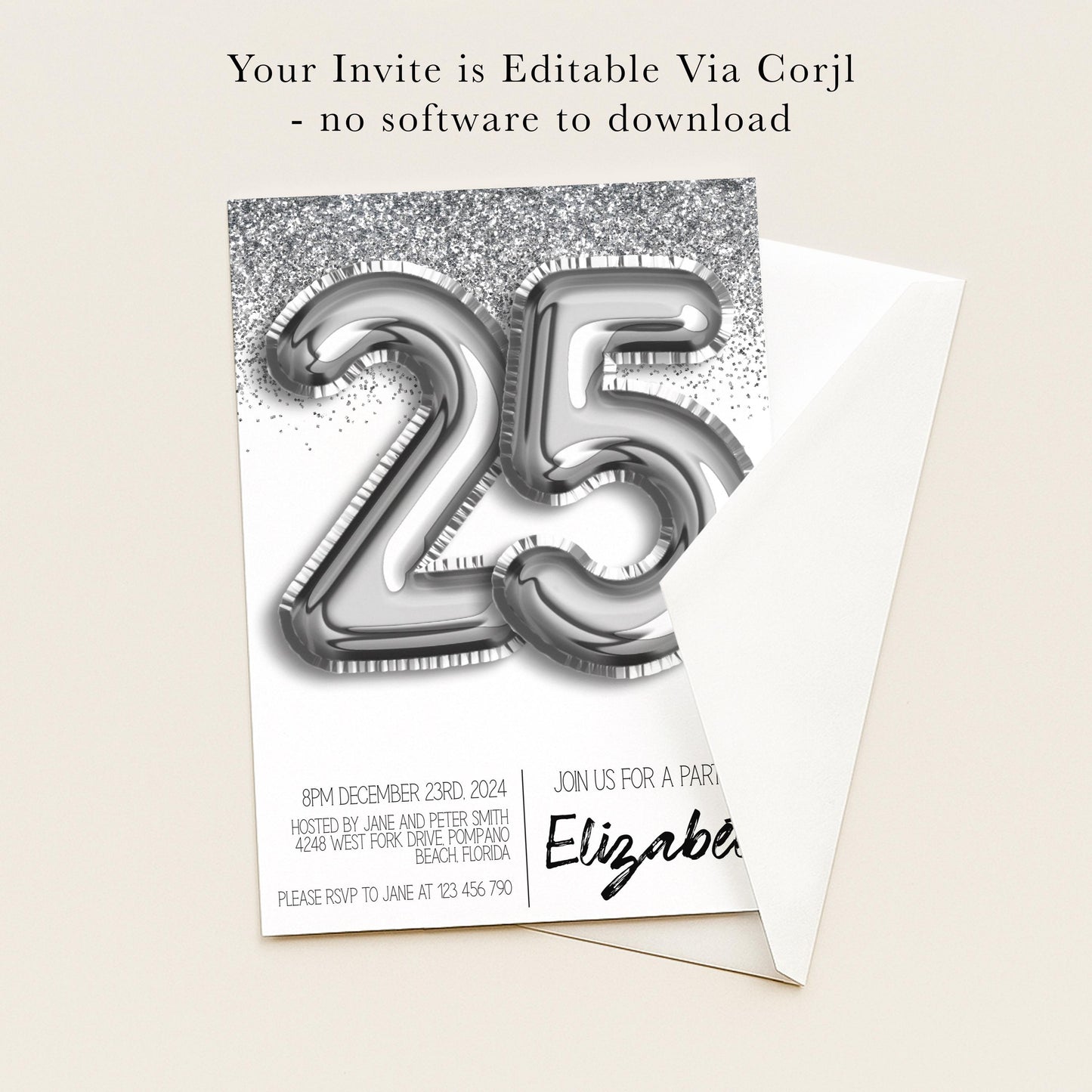 The image is a birthday party invitation for a 25th birthday celebration.