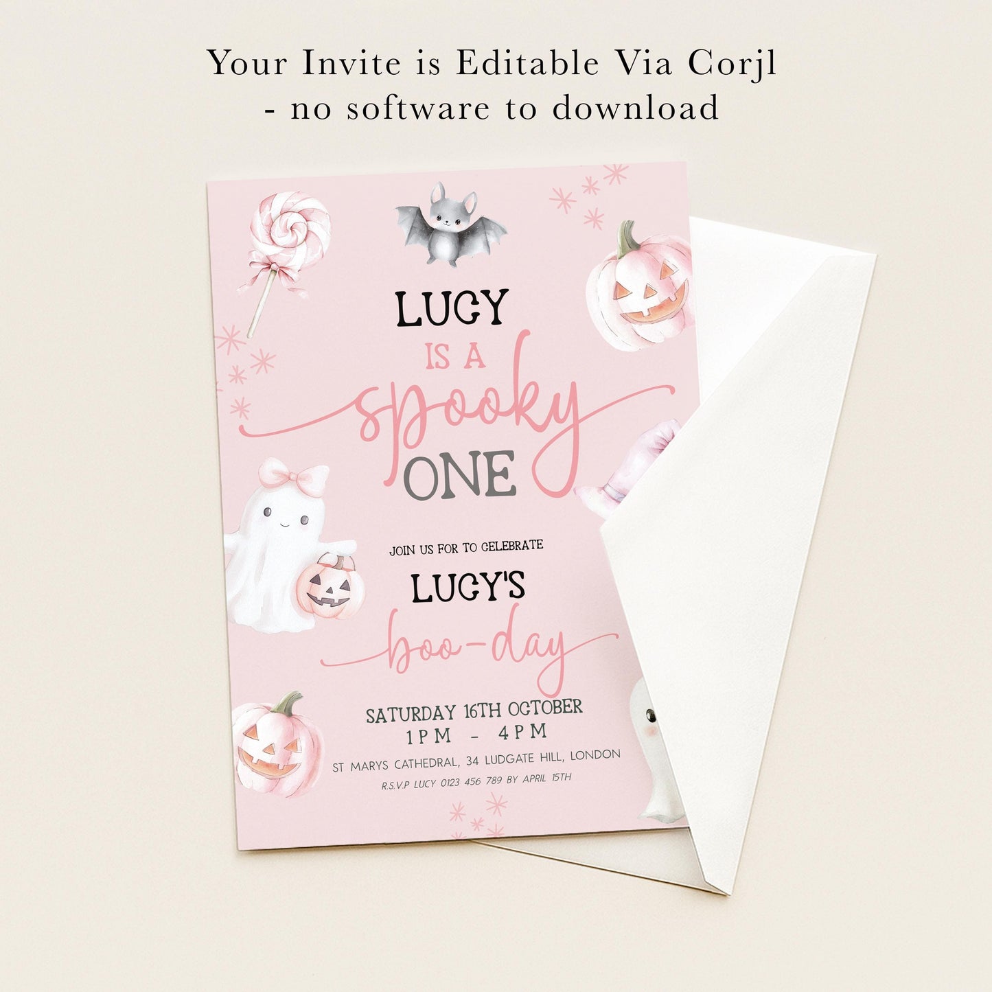 The image is a pink invitation card for a "Spooky Lucy's" themed party.