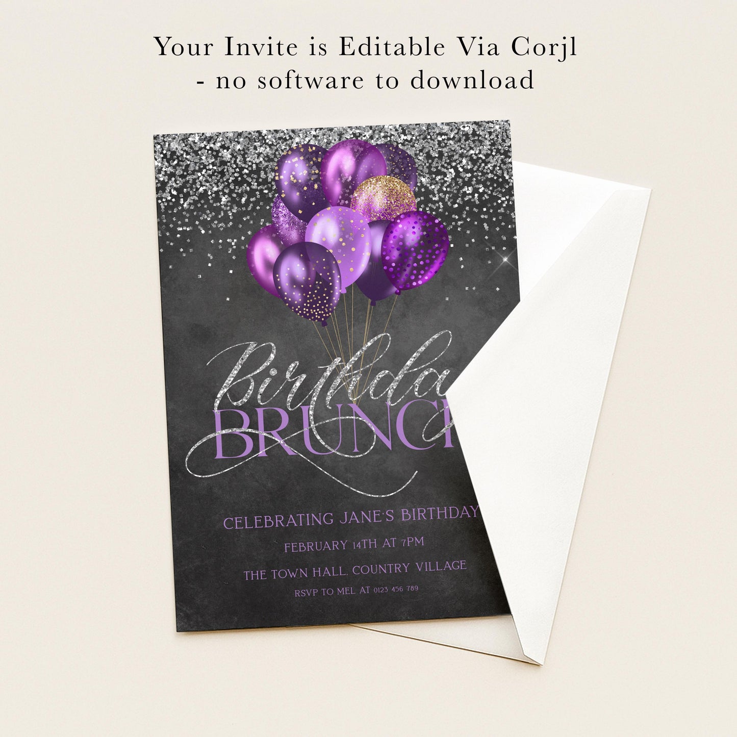 The image is a birthday party invitation featuring purple balloons and sparkles, with the text "Birthday Brunch" and details about the event.